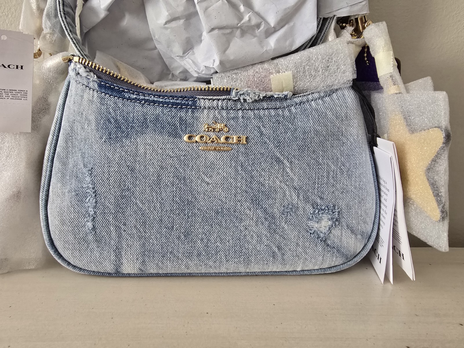Coach CDY76 Teri Shoulder Bag In Loved Denim With Charms Light Indigo NWT