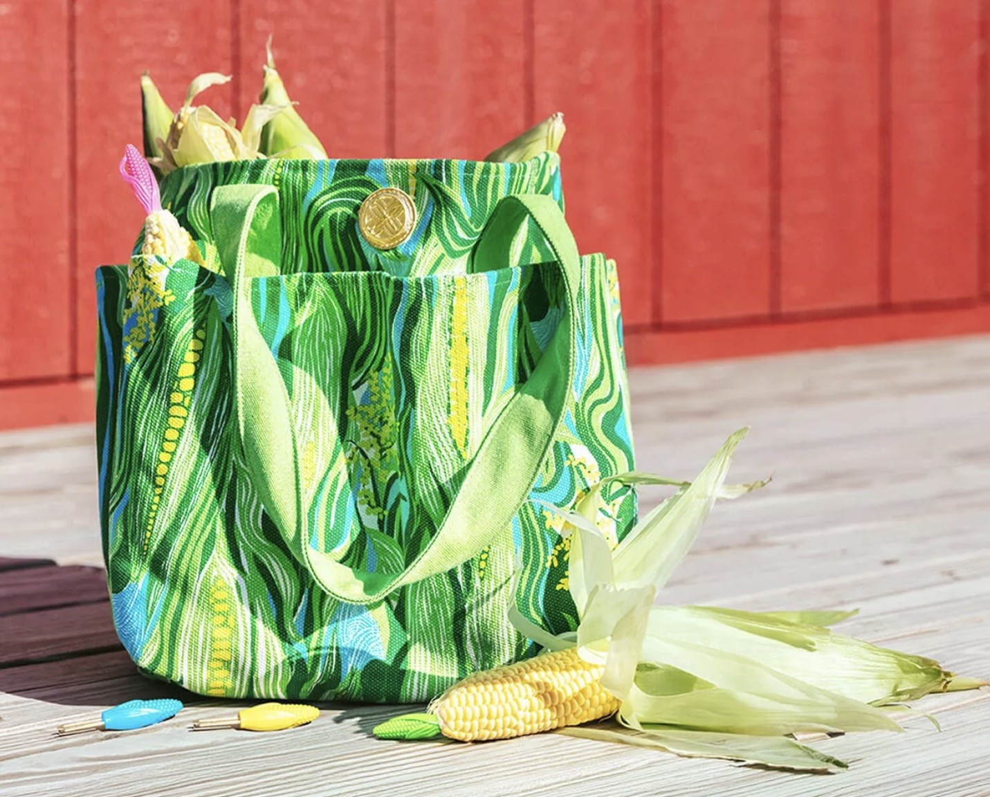 🌽 Lilly Pulitzer Corn Picks & Market Tote Bag In “Turquoise Tide Sweet Corn”