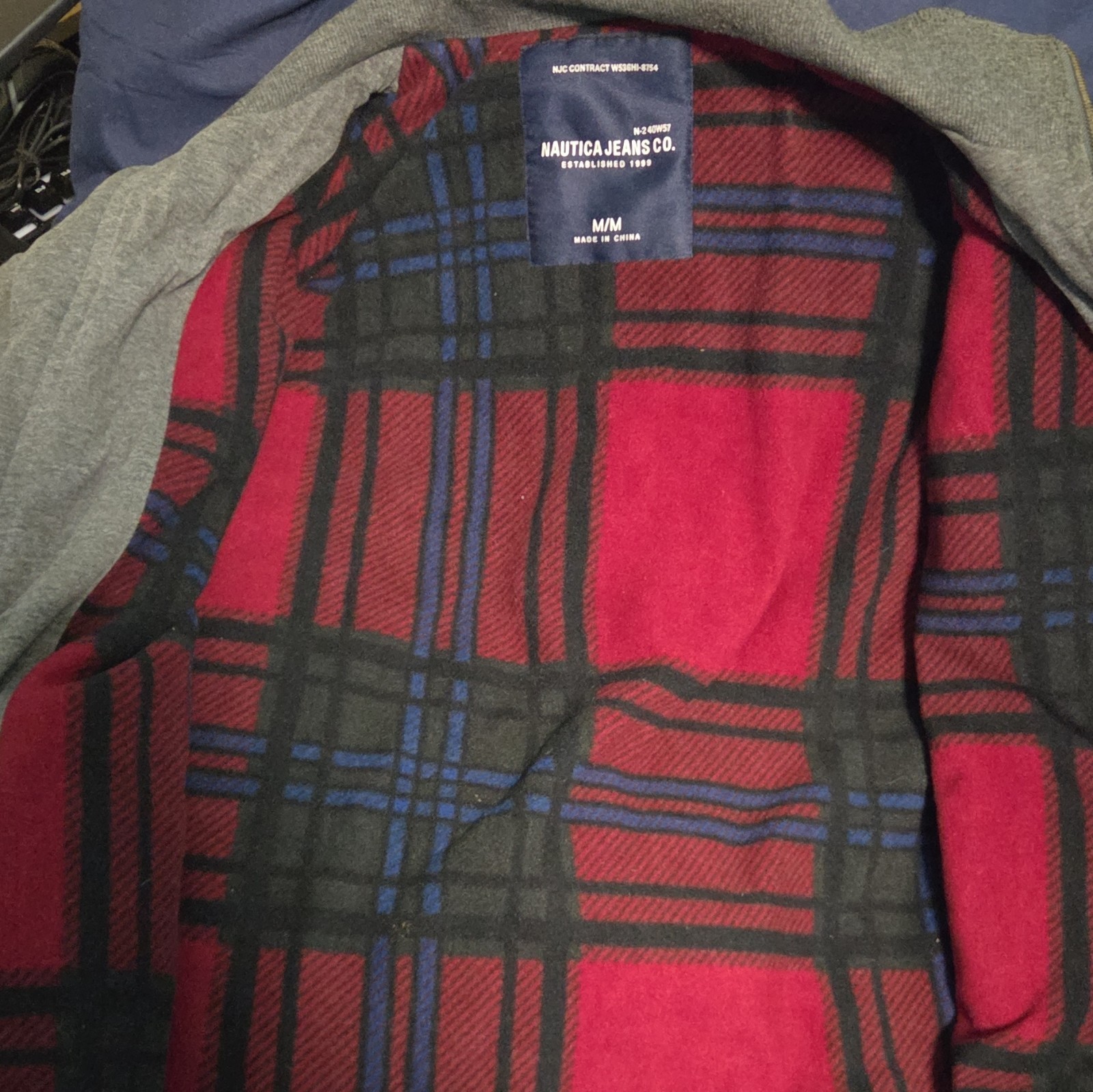 Nautica Jeans Co. Men’s Gray Full Zip Jacket Stand-Up Collar Plaid Lined M