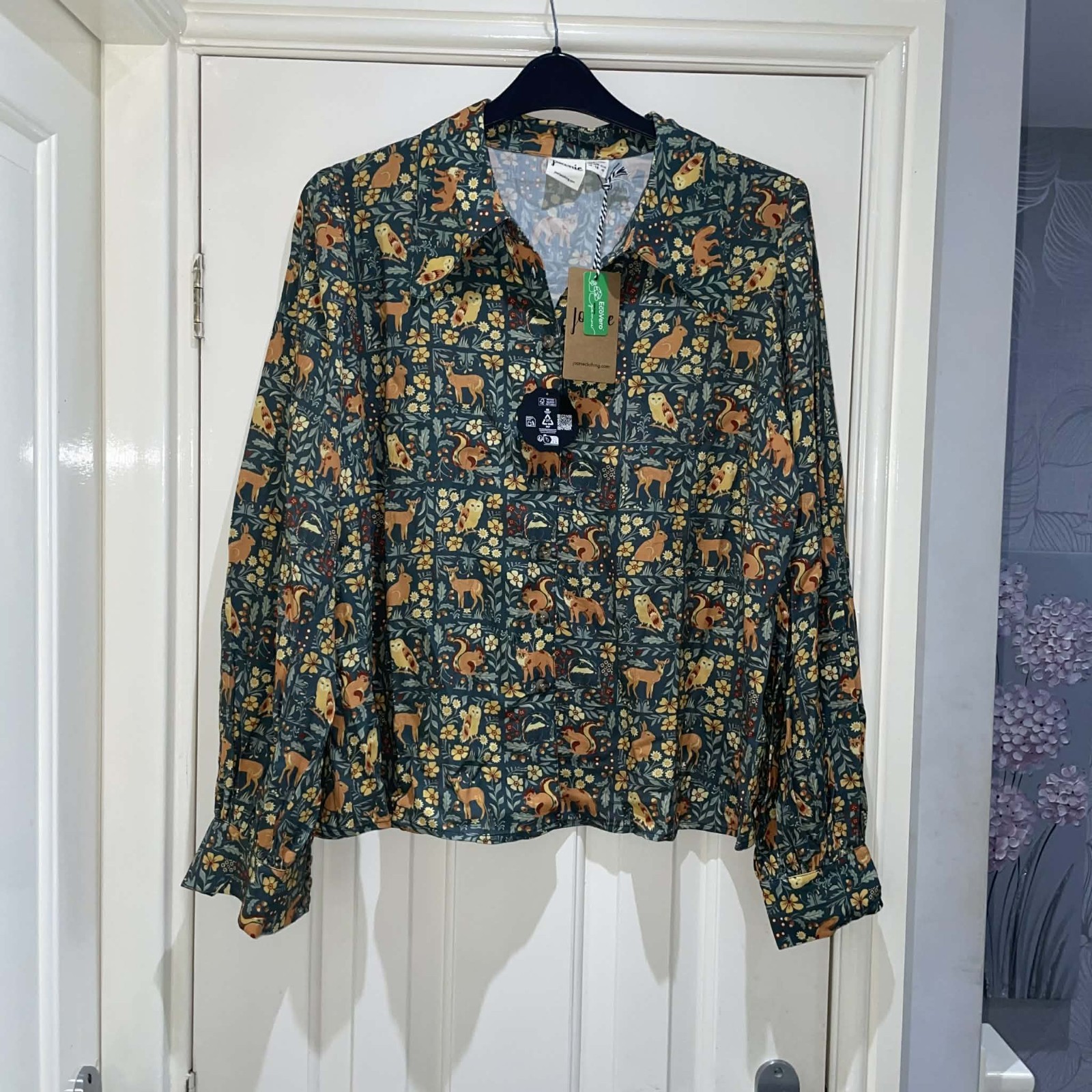 Joanie Dark Green Fiona Woodland Animal Print Balloon Sleeve Blouse UK 18 New