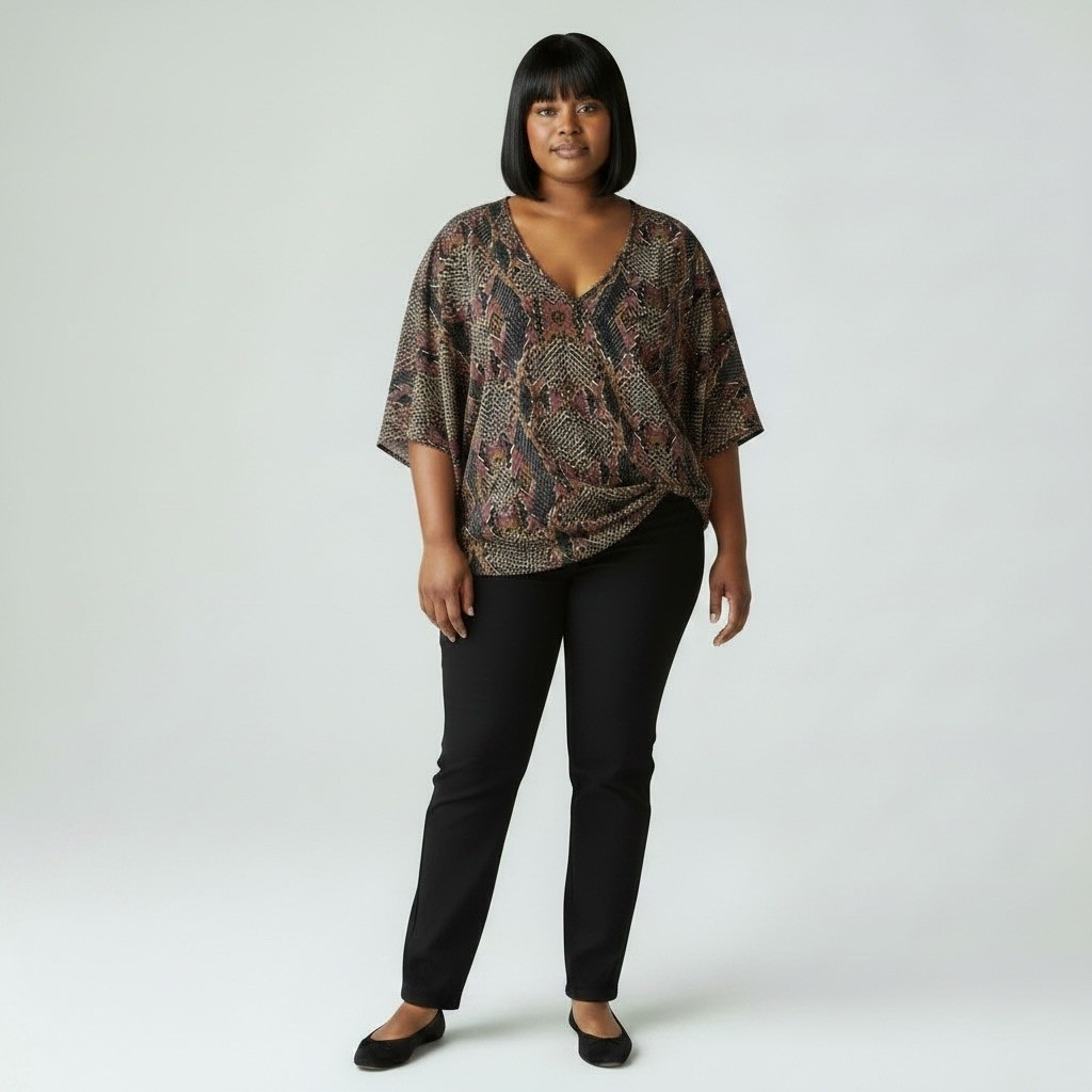 Adrienne Blouse Women Size M Brown Purple Snakeskin Dolman V-Neck Top