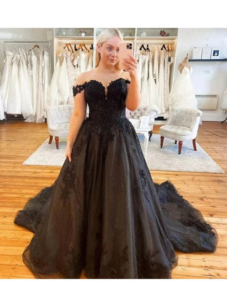 Black Off Shoulder Glitter Tulle Ball Gown Deep V Train Gothic Wedding Dresses