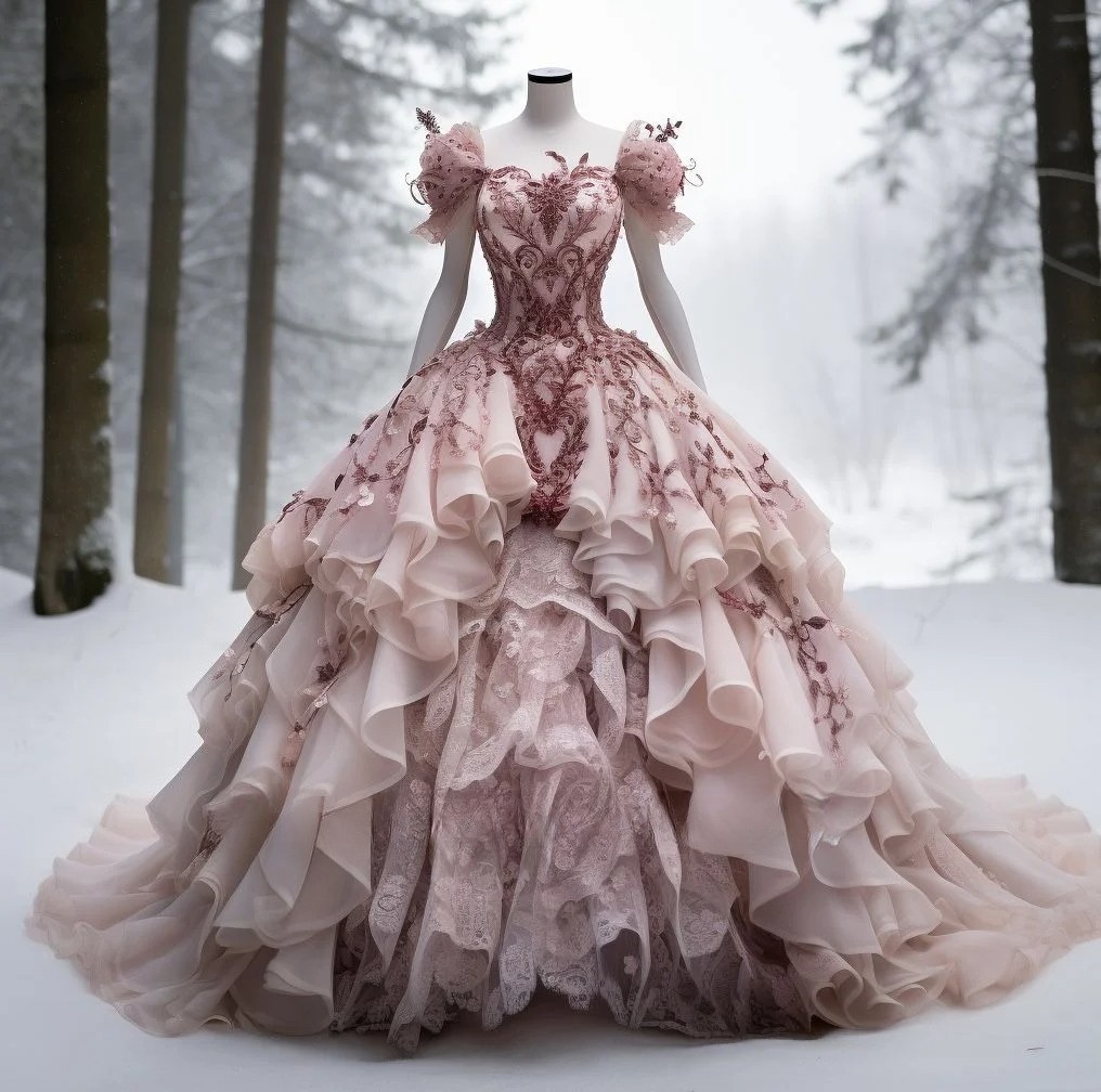 Blush Pink Off-Shoulder Lace Ruffled Ball Gown Wedding Dresses With Train