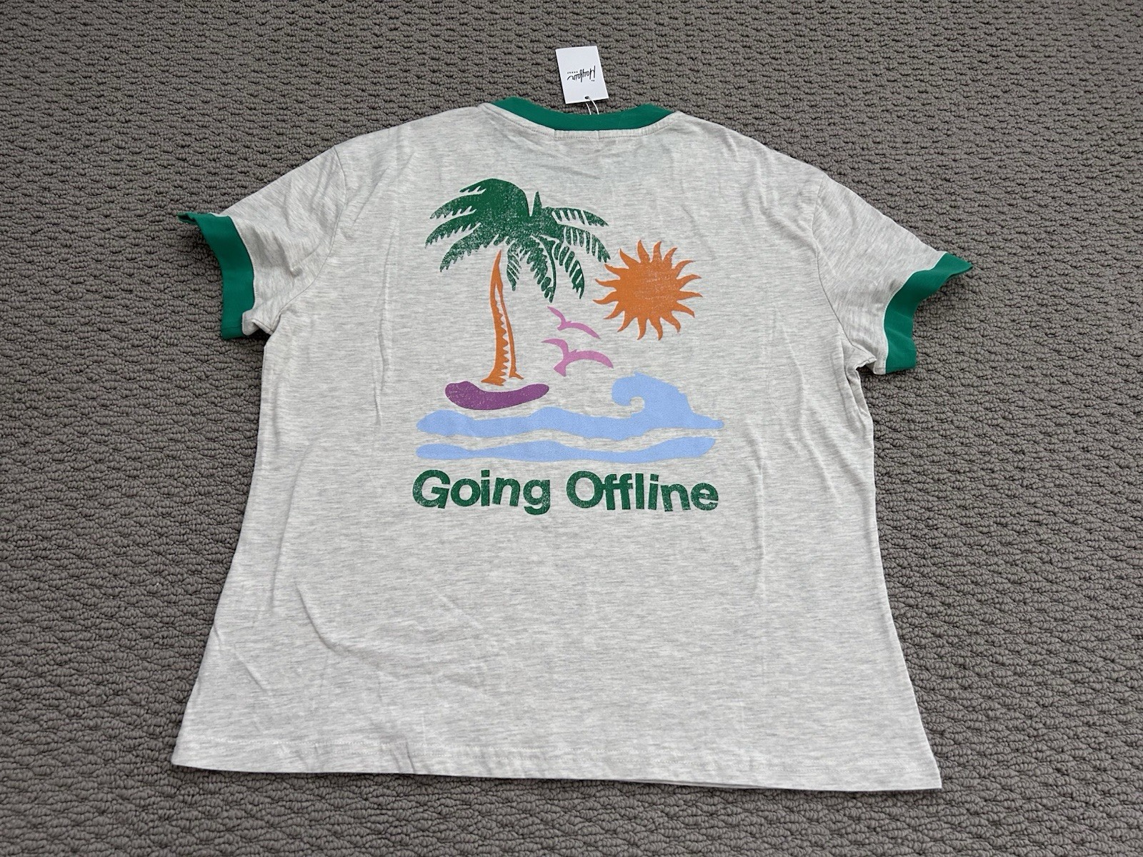 NWT The Mayfair Group Going Offline Relaxed Tee S/M Ringer Loose Fit Boho Preppy