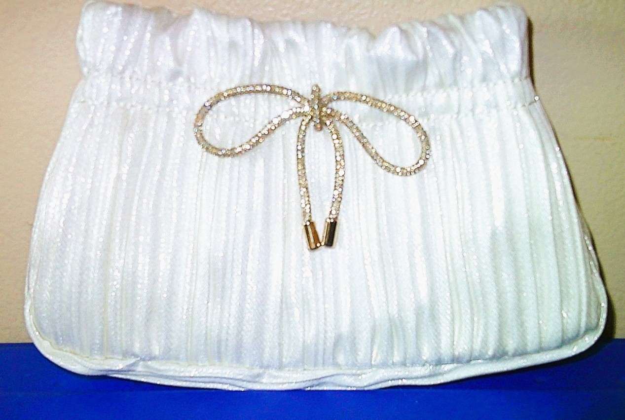 2025 LC Lauren Conrad White Pleated Clutch/Crossbody Purse, Rhinestone Bow, NWOT