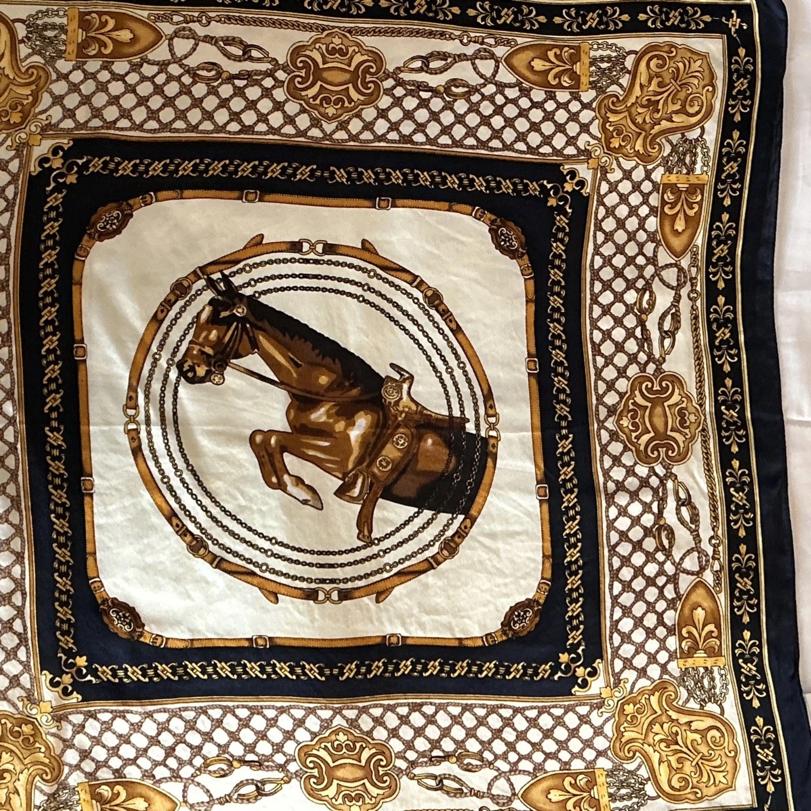 Scarf 100% Silk Gold Navy Blue And Beige Equestrian Scarf 20 Inches By 20 Inches