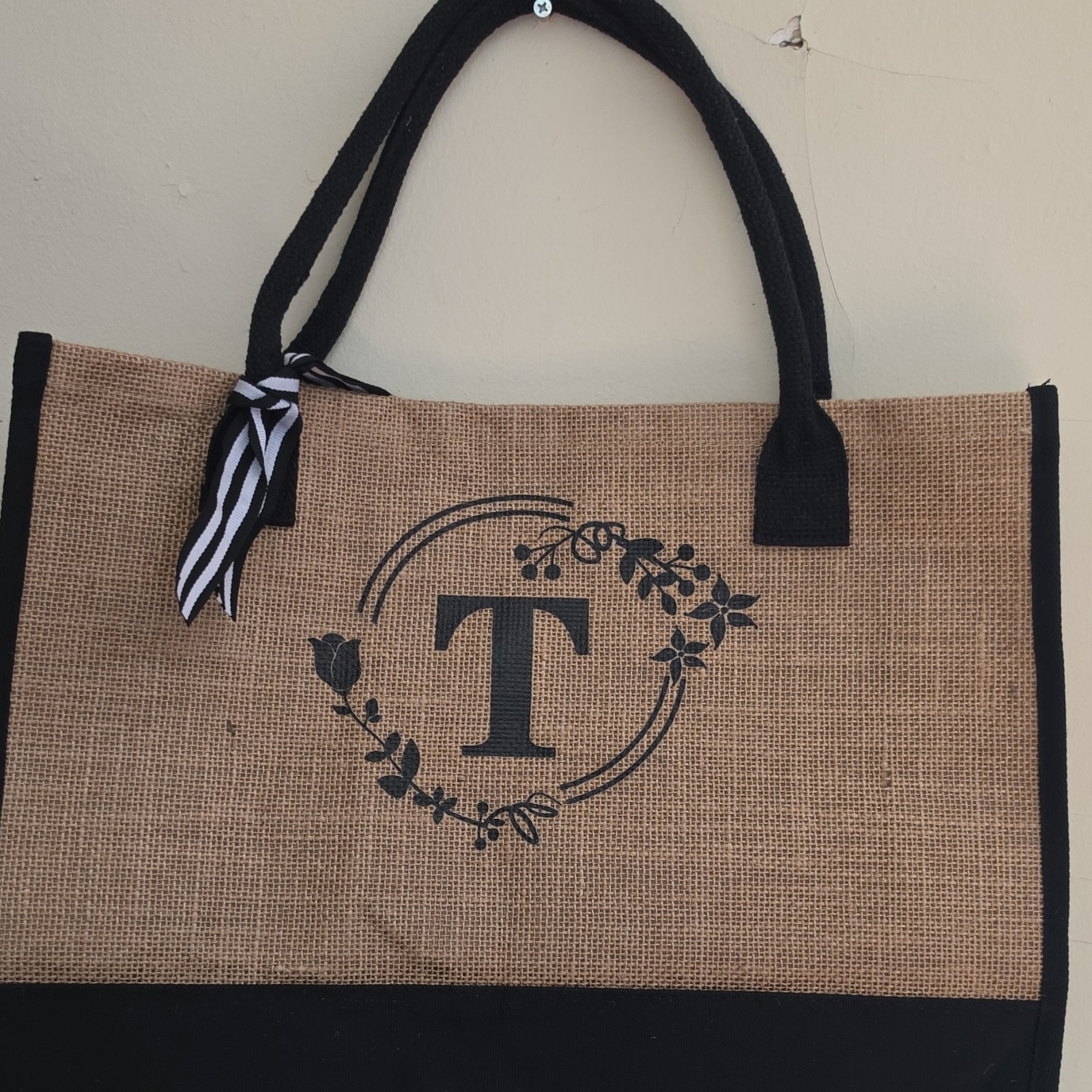 T Monogrammed Jute Tote Bag Womens Tan Black Large Reusable Shopper Beach Travel