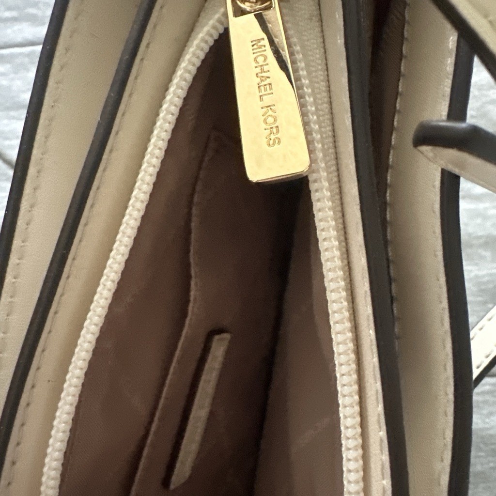 Michael Kors Signature Logo Medium Beige Zip Crossbody, Adjustable Strap,Pockets