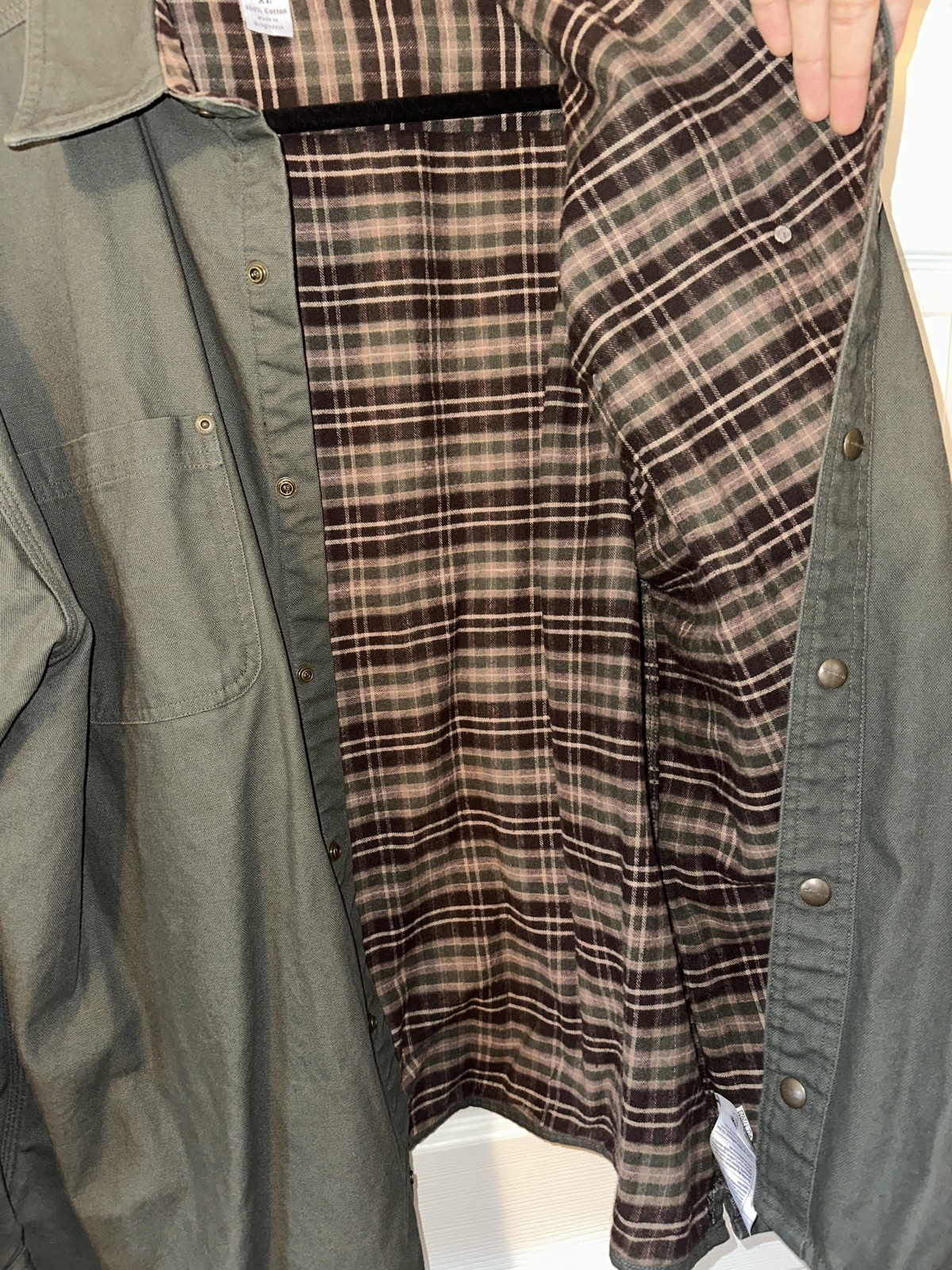 Vintage Carhartt Mens XL Flannel Lined Canvas Shirt Jacket Shacket Green Plaid⁠