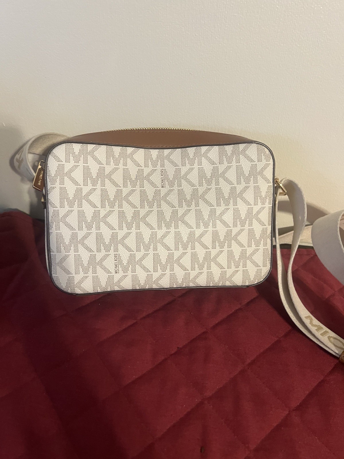 Michael Kors Signature MK Logo Zip Small Crossbody Beige/Brown Gold Strap