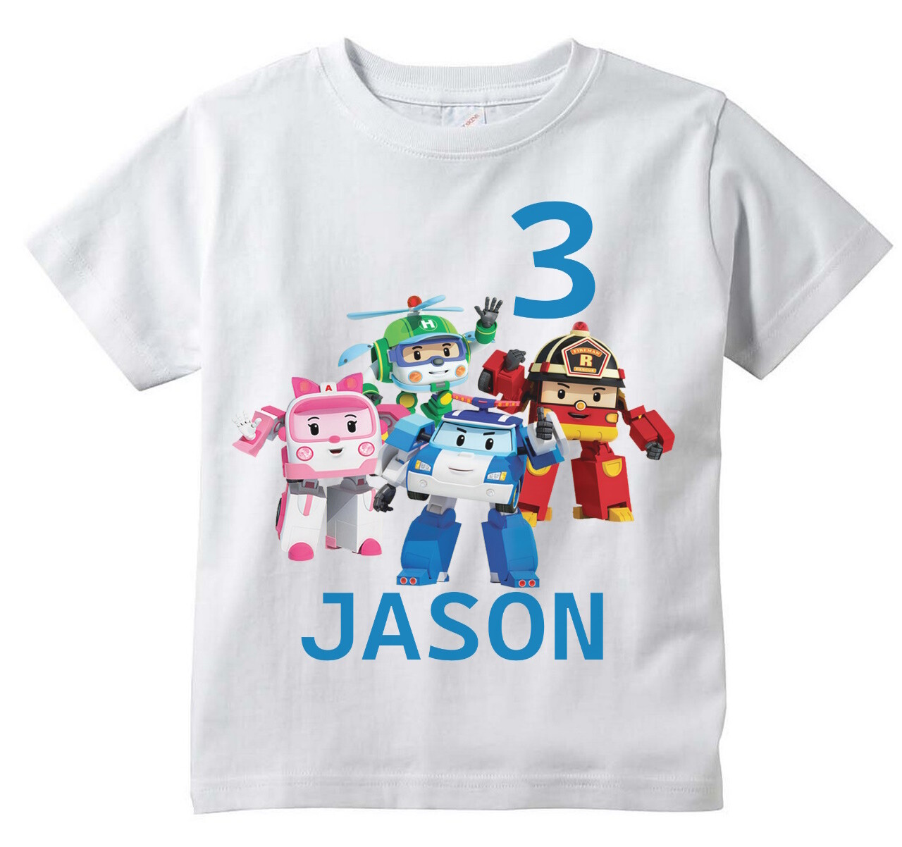 Robocar Poli Personalized Birthday T-shirt, Helly, Amber, Roy Customizable tee