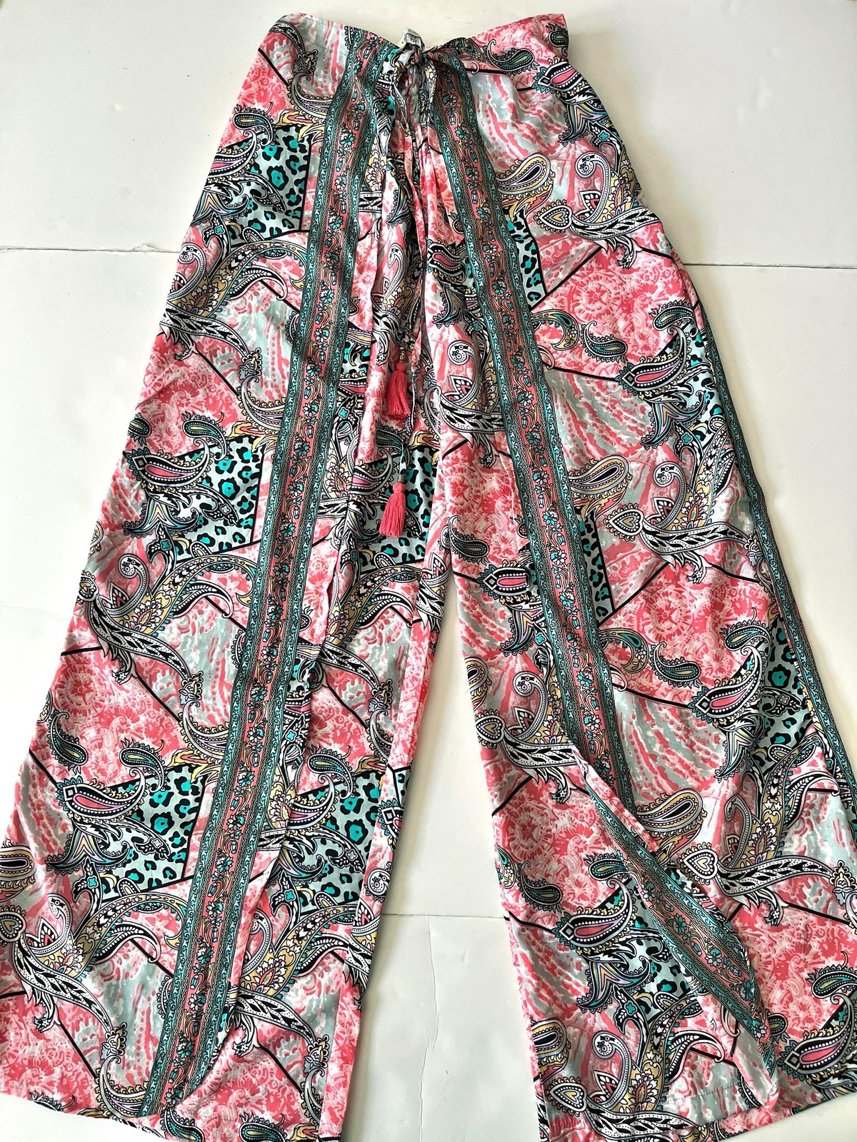 Karma Highway Pants Women One Size Paisley Harem Satin Elastic Waist Boho Hippie