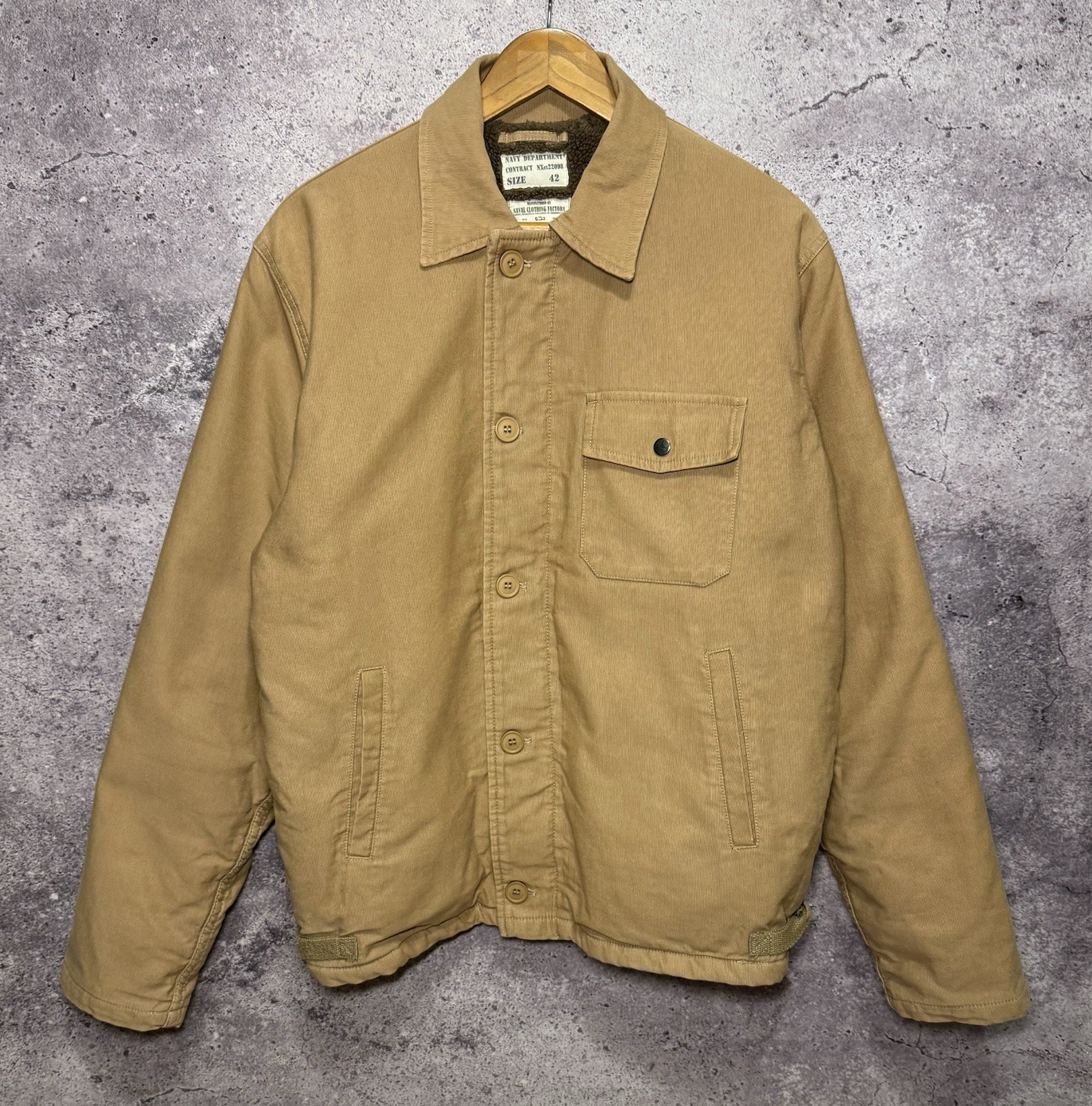 Okonkwo MFG.Co Men’s US Military Navy Department Beige Sherpa Zip Jacket Size 42