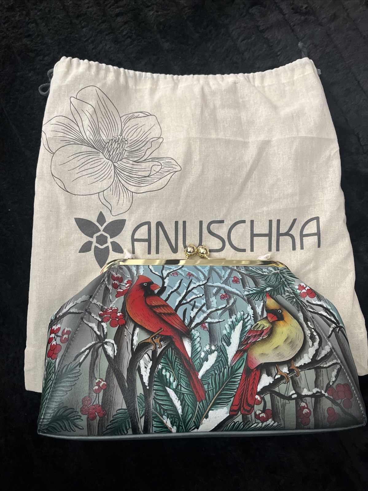 Anuschka Cardinal Hand Painted Kiss Lock Crossbody Clutch Purse Leather New
