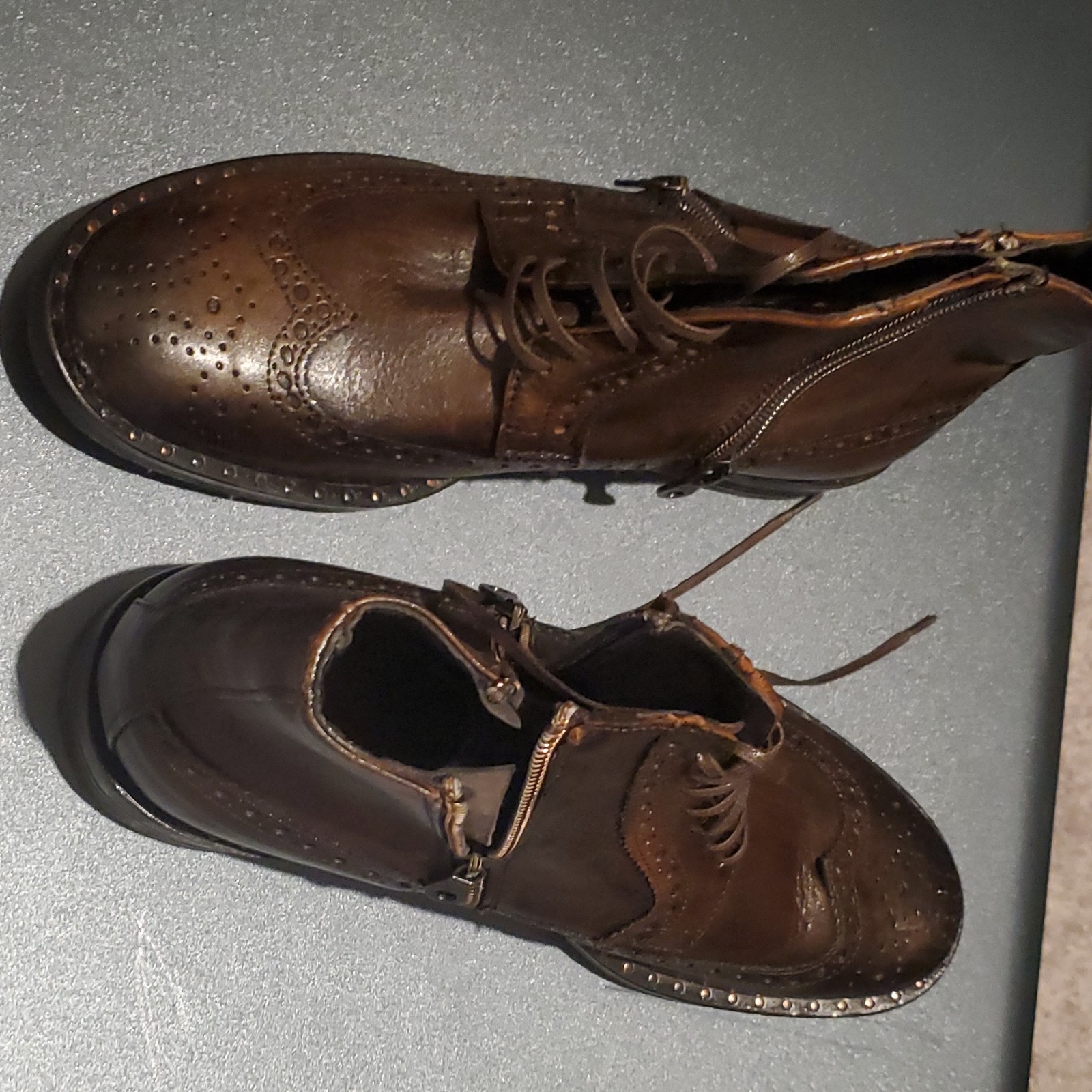 Men’s Brown Leather Wingtip Ankle Boots Lace-Up Side Zipper EU Sz R40/L41 Italy.