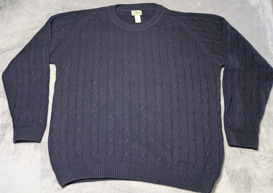 LL Bean Sweater Mens Large Blue Lambswool Cable Knit Grandpa Old Money Outdoor