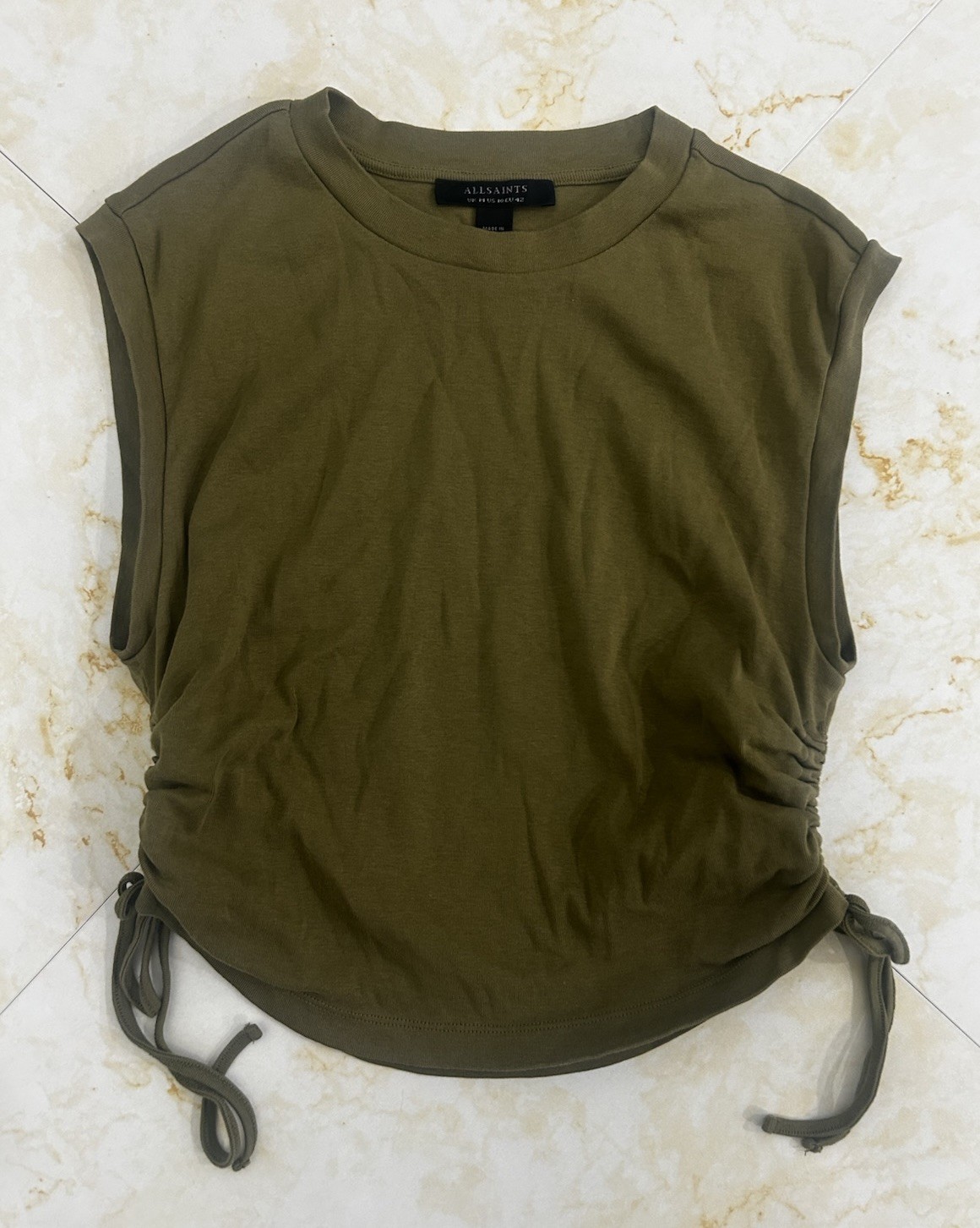 ALLSAINTS Women’s Green Crew Neck Sleeveless Ruched Drawstring T-Shirt US 10