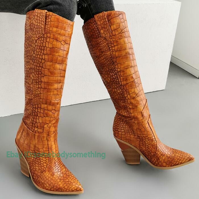 Women Pointy Toe Block Heel Cowboy Knee High Boots Pull On Outdoor Casual Shoes