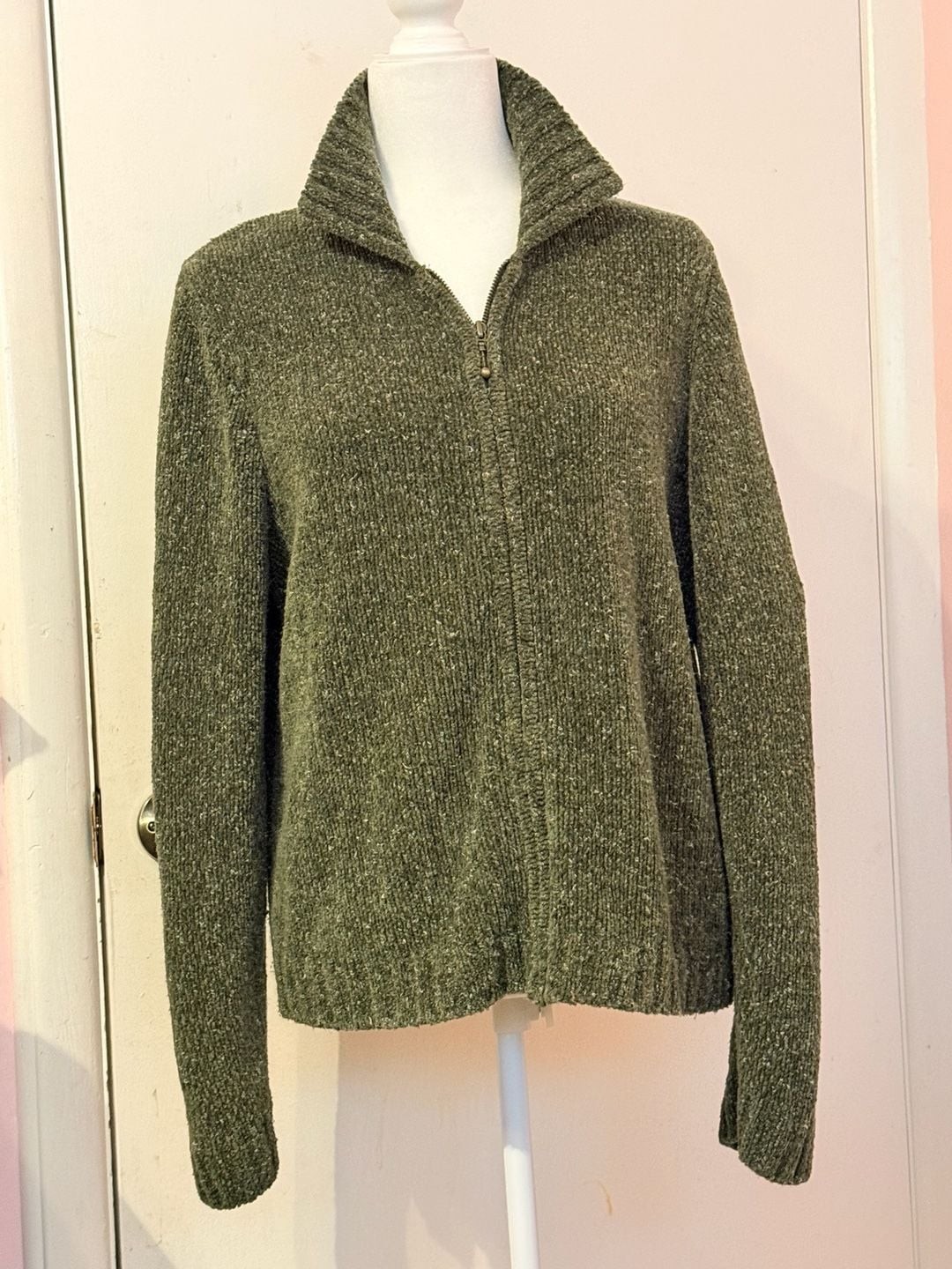 Croft & Barrow Olive Green Marled Chenille Full Zip Sweater Jacket Sweater
