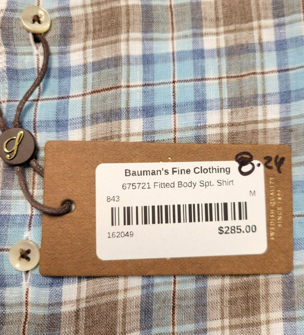 $285 New STENSTROMS Plaid Check Button LINEN SHIRT Men MEDIUM Blue Brown Fitted