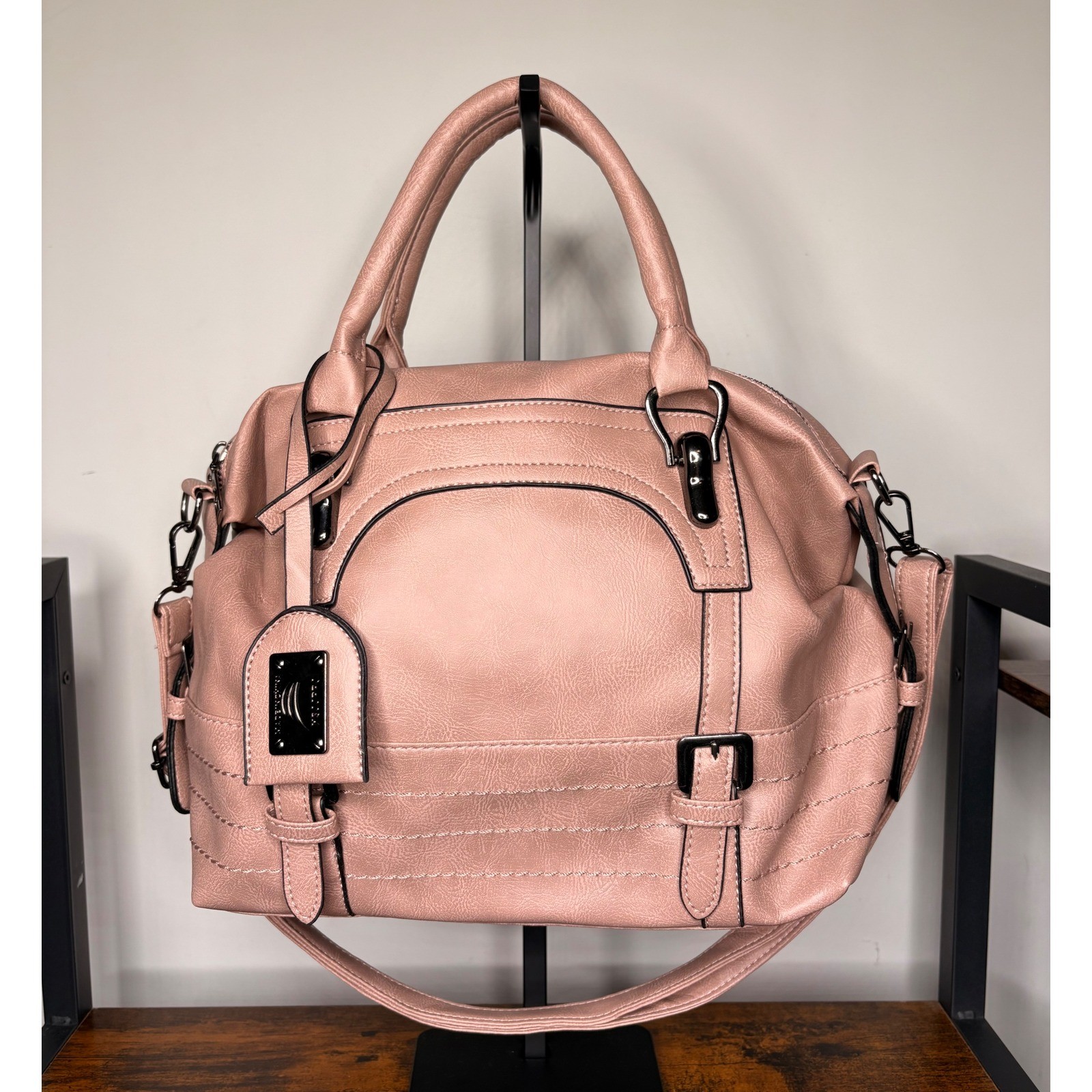 Pink Faux Leather Satchel Handbag Crossbody Purse with Side Buckles Gunmetal HW