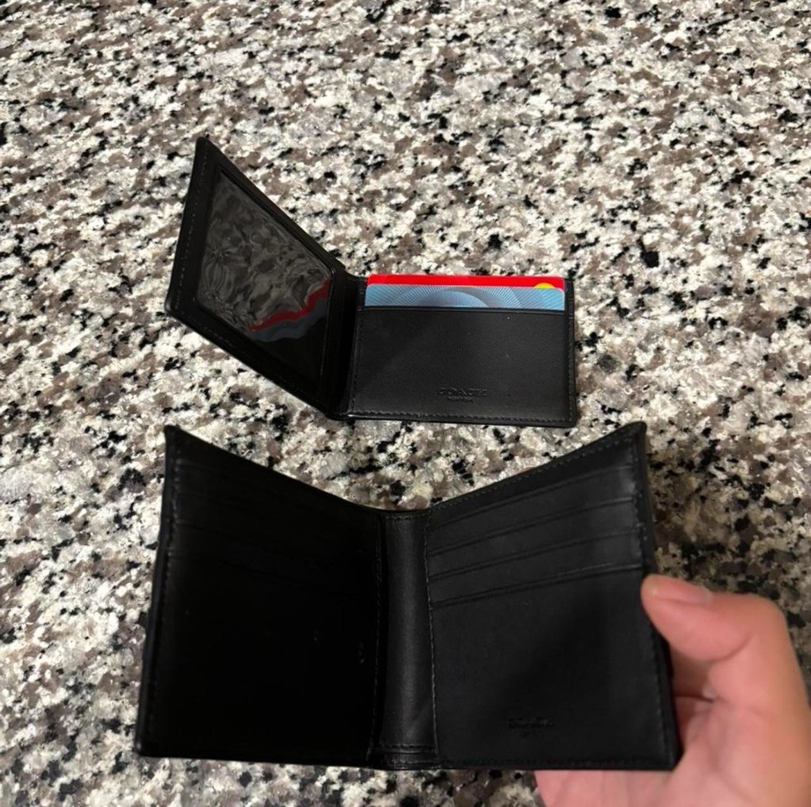 Men’s Bifold Wallet Black with Blue & White Striped Pattern, Strap Accent
