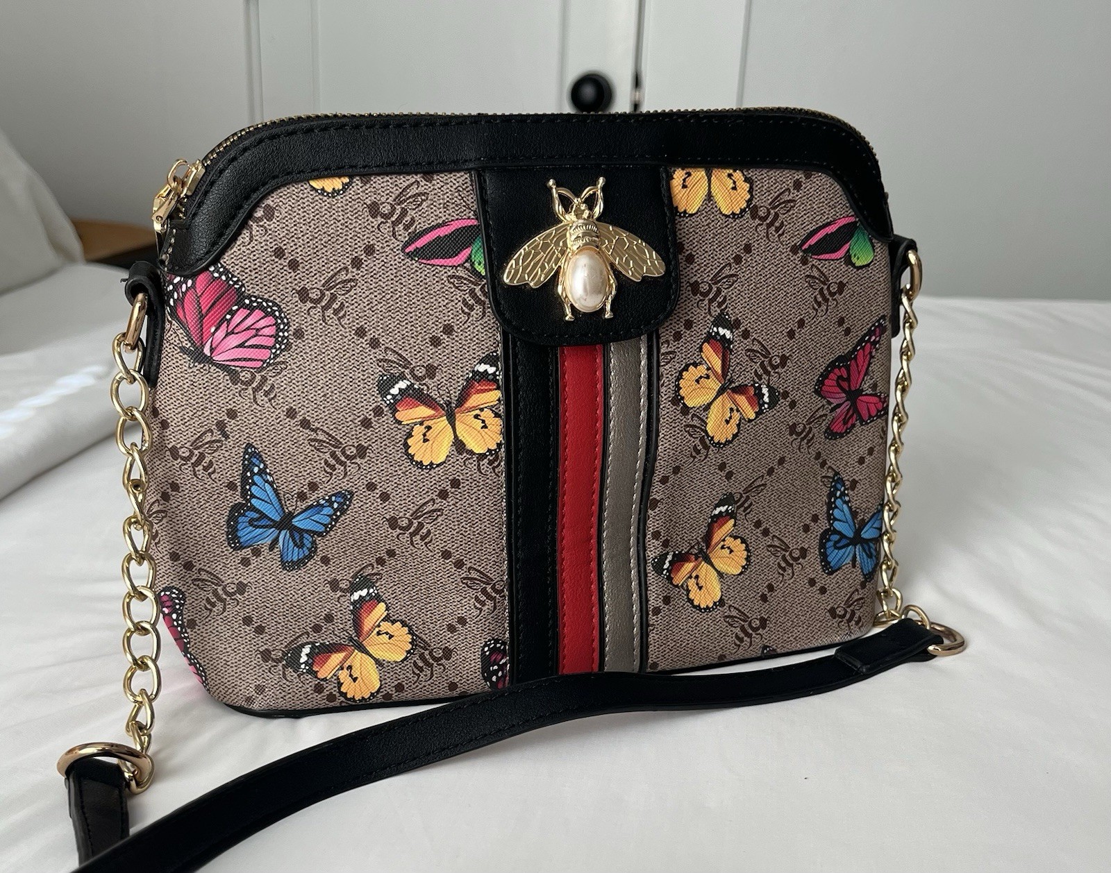 Brown Multicolor Butterfly Crossbody Bag Zip, Gold HW, Chain Bee, Adj Strap