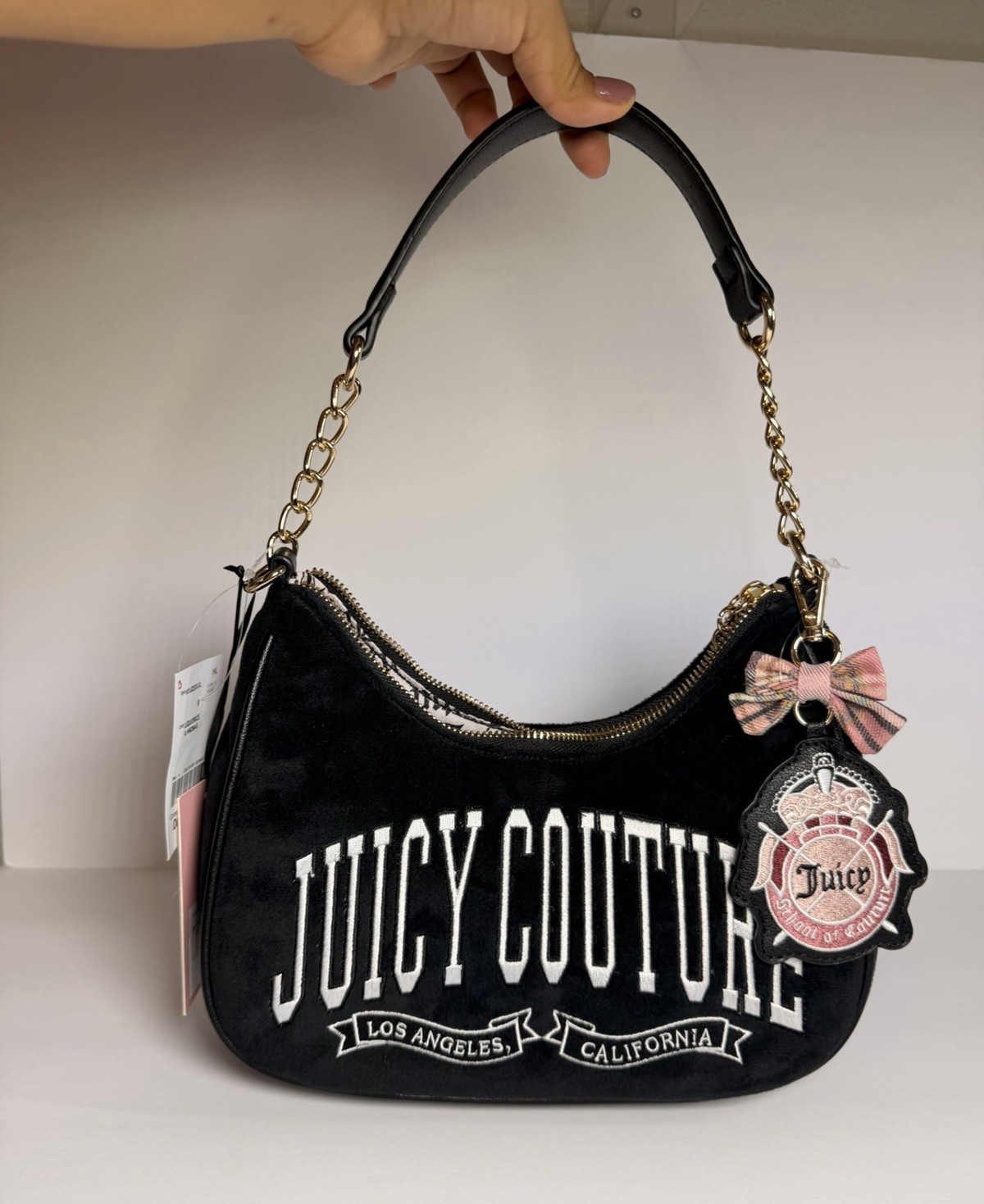 Juicy Couture Black Medium Crescent Shoulder Bag Zip, Bow Chain Strap, Charm