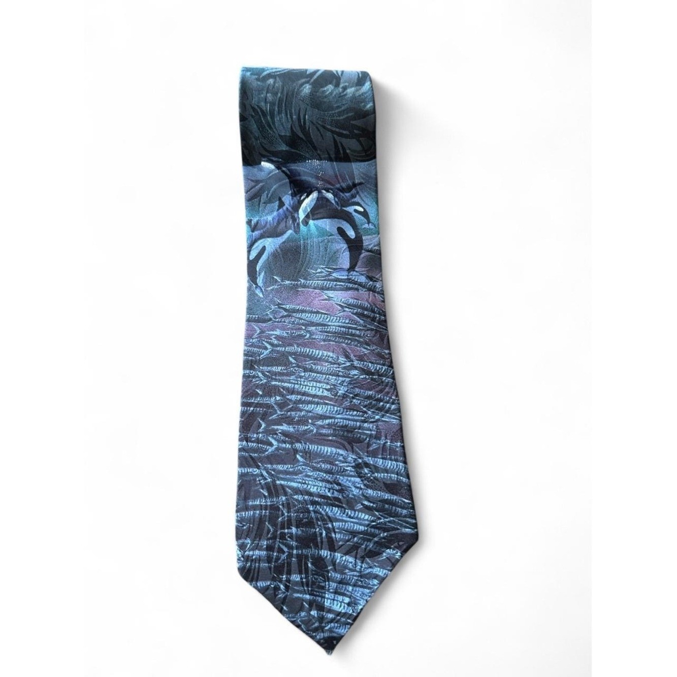 Orca Whale Tie Vintage Novelty Dark Teal Ocean Art Coastal Marine Biologist EUC