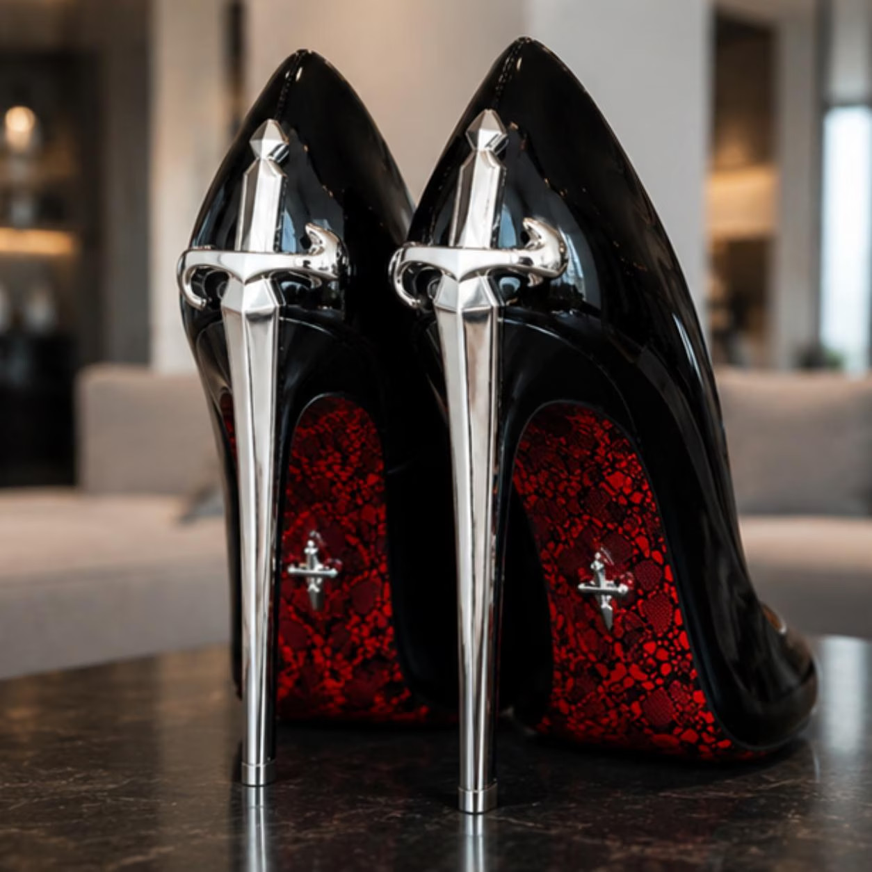 Women’s Sword Heel Court Shoes Gothic Stiletto Pumps Black Red Silver 8cm
