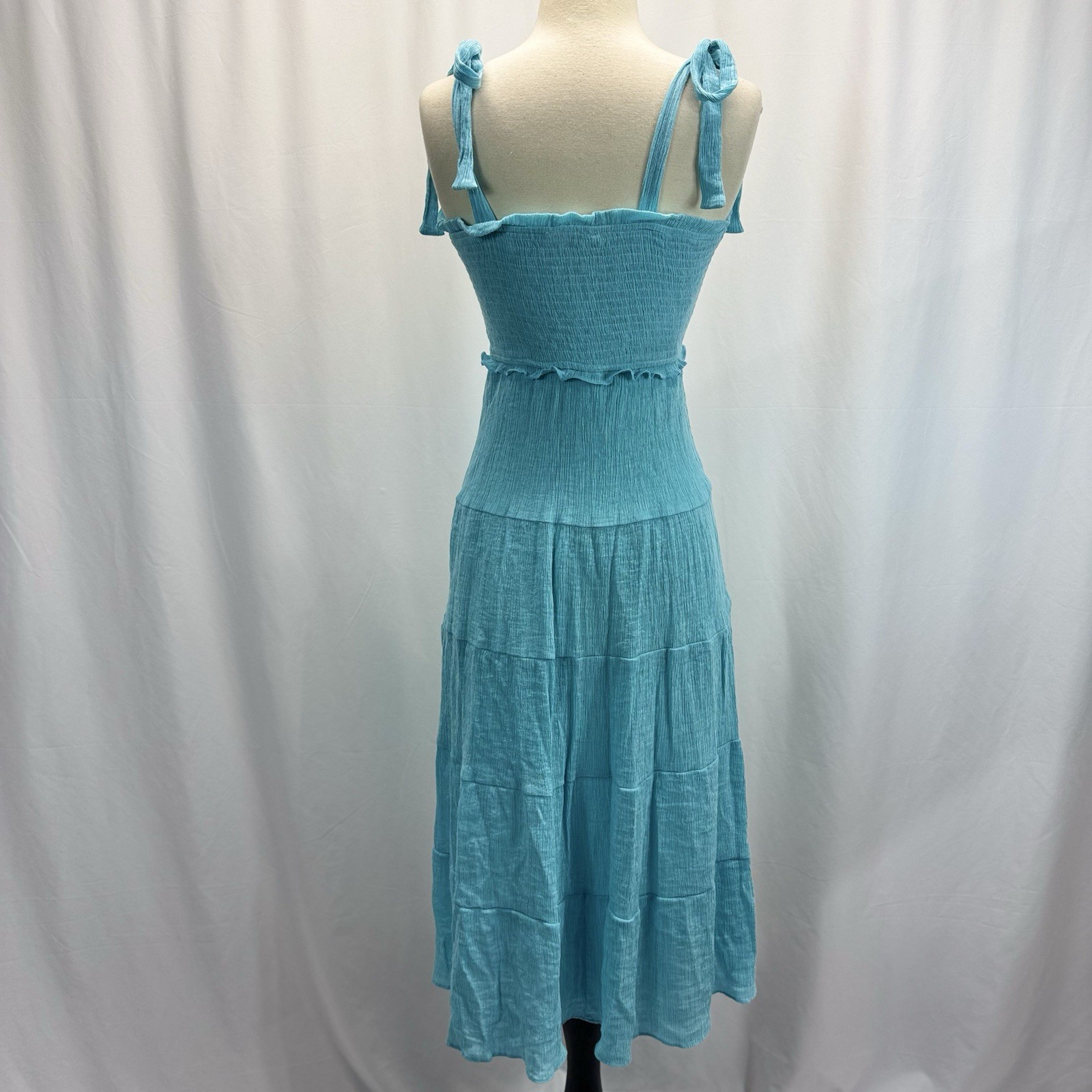 Altar’d State Floral Tiered Midi Sun Dress S Blue Green Tie Strap Smocked Bodice