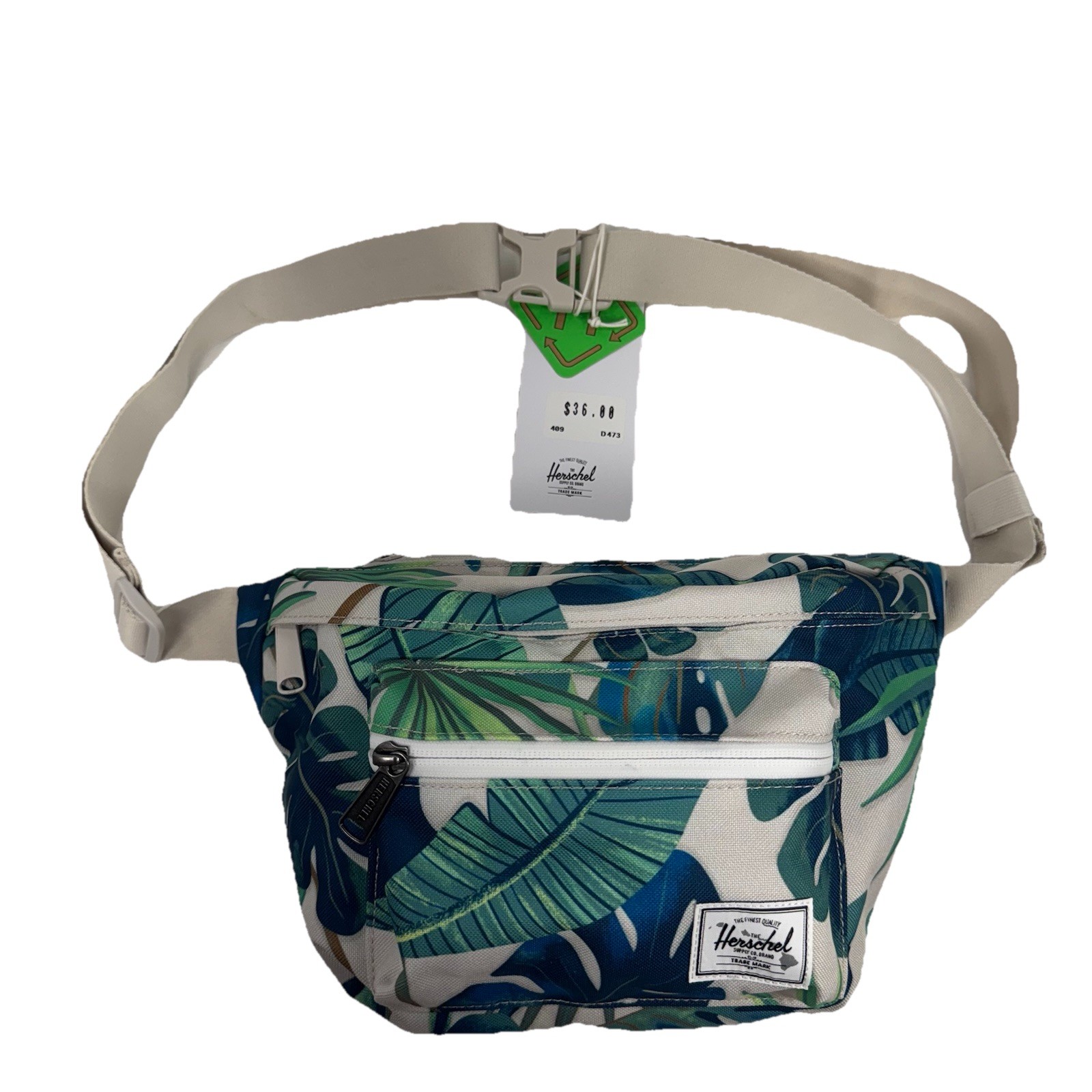 NEW Herschel Hawaii Pop Quiz Hip Pack Fanny Canvas Bag White & Green Palm Print