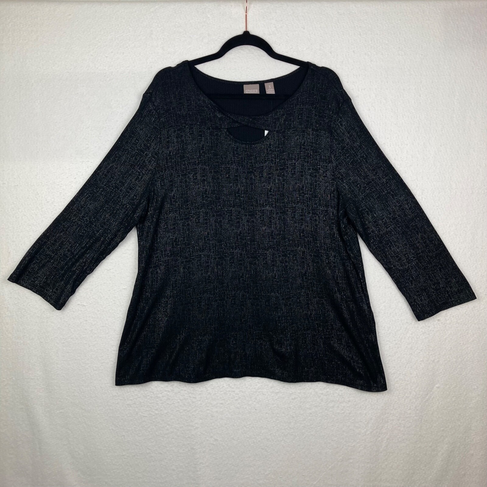 Chico’s Black Twisted Keyhole Foil 3QTR Top LS Fashion Knit Size 3