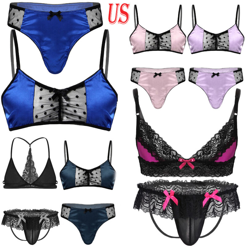 US Men Sissy Stain Lingerie Set 2 Pieces Lace Trim Cami Bra Top with Micro Thong