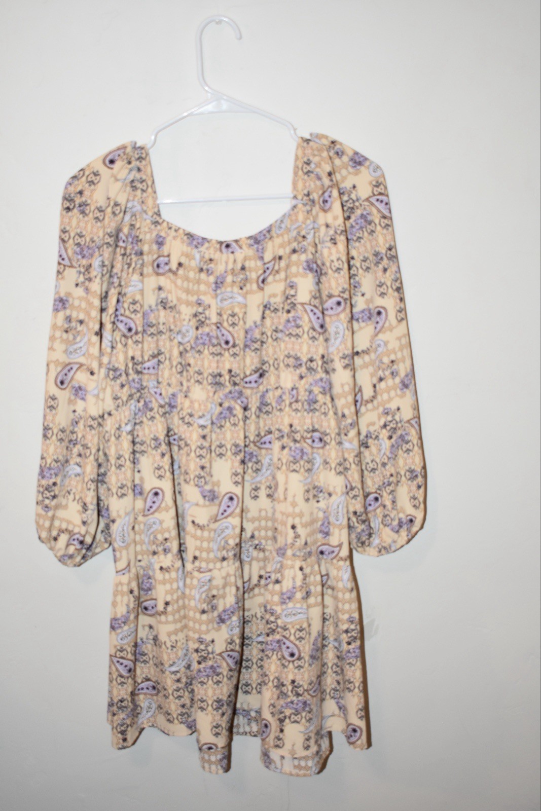 Entro Beige/Purple Paisley Square Neck 3/4 Sleeve Mini Dress, Size S