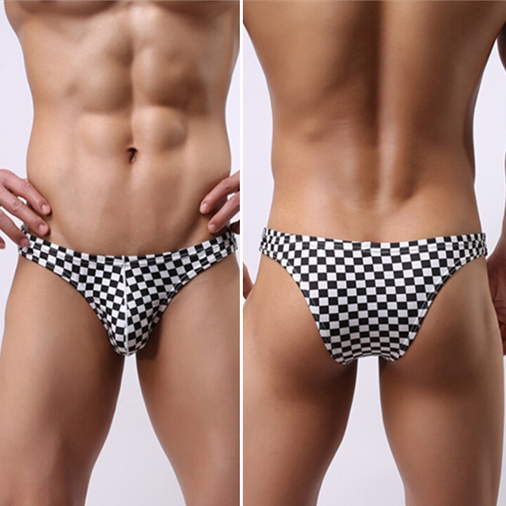 Sexy and Trendy Plaid Men’s Polyester Bikini Briefs with Low Waist Style