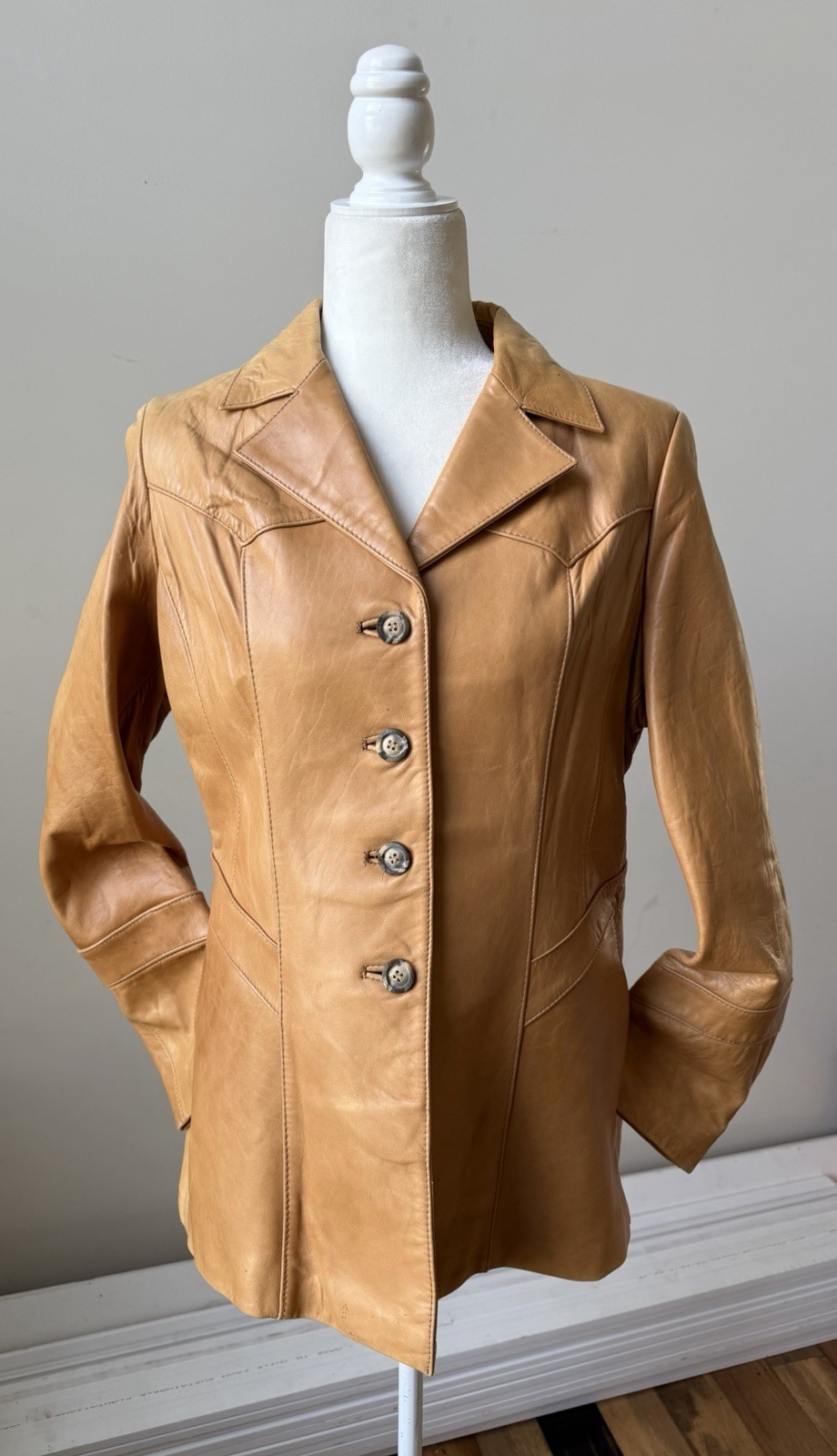 Vintage 70s Ms Pioneer Tan Leather Western Jacket Blazer Boho Cowgirl Small USA