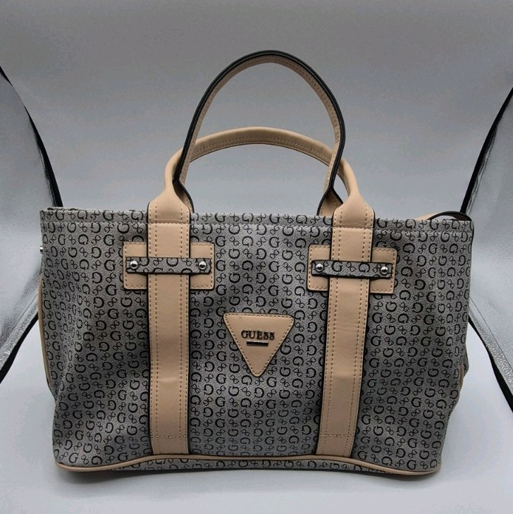 Guess Monogrammed Signature Pattern Satchel Tote Purse Bag Grey & Beige – VGC