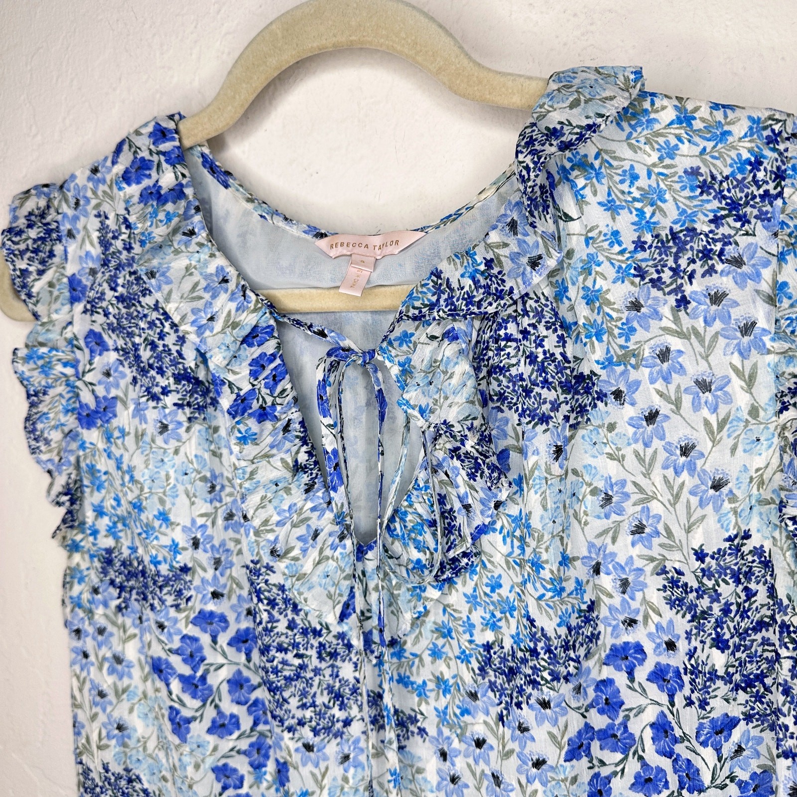 Rebecca Taylor Ava Sleeveless Floral Blue Silk Blend Tie V Neck Blouse Top 8