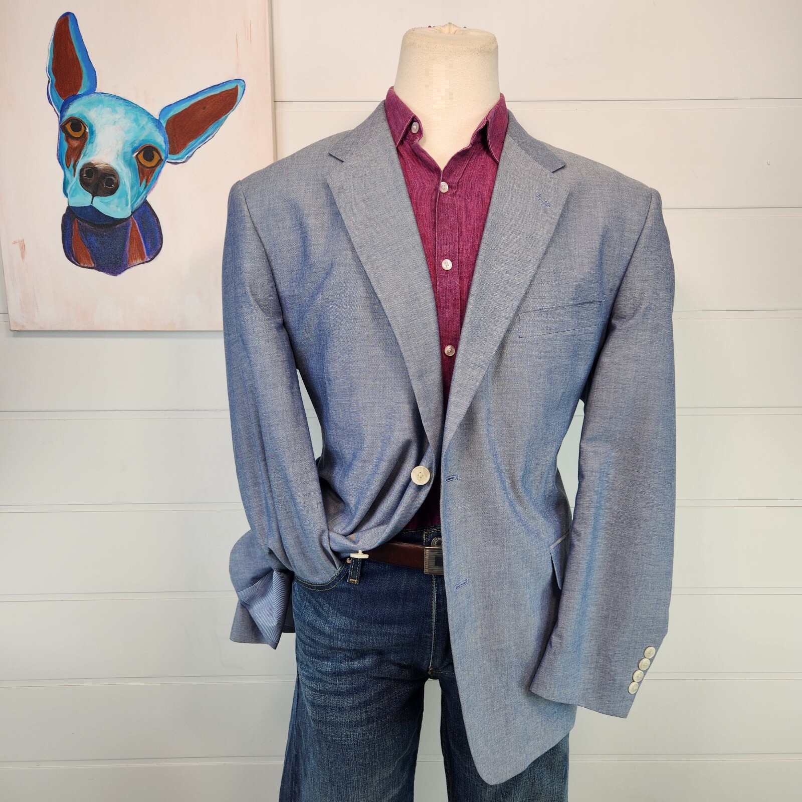 Stafford Mens Two Button Classic Fit Blazer Jacket Blue Cotton Birdseye Size 46R