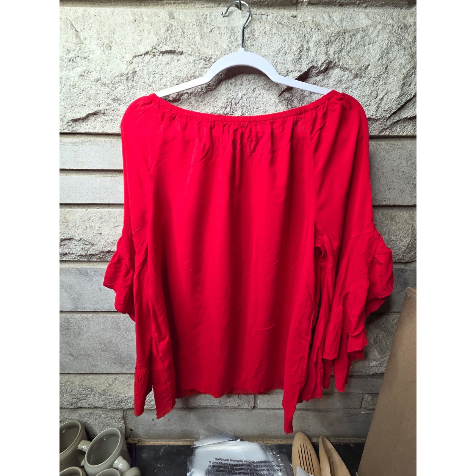 Fever Womens Red Tiered Ruffle Bell Sleeve Blouse Elastic Scoop Neck Large