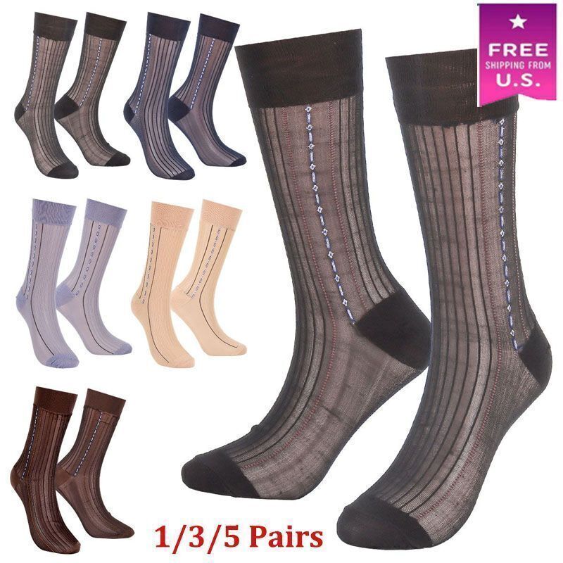 1/3/5 Pairs Men Ultra Thin Dress Socks Silk Sheer Business Work Socks Soft Nylon