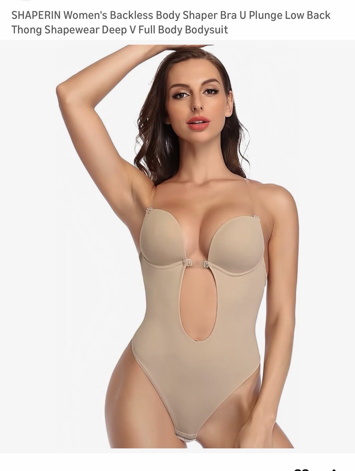 SHAPERIN Women’s Backless Body Shaper Bra U Plunge Low Back Thong Shapewear L
