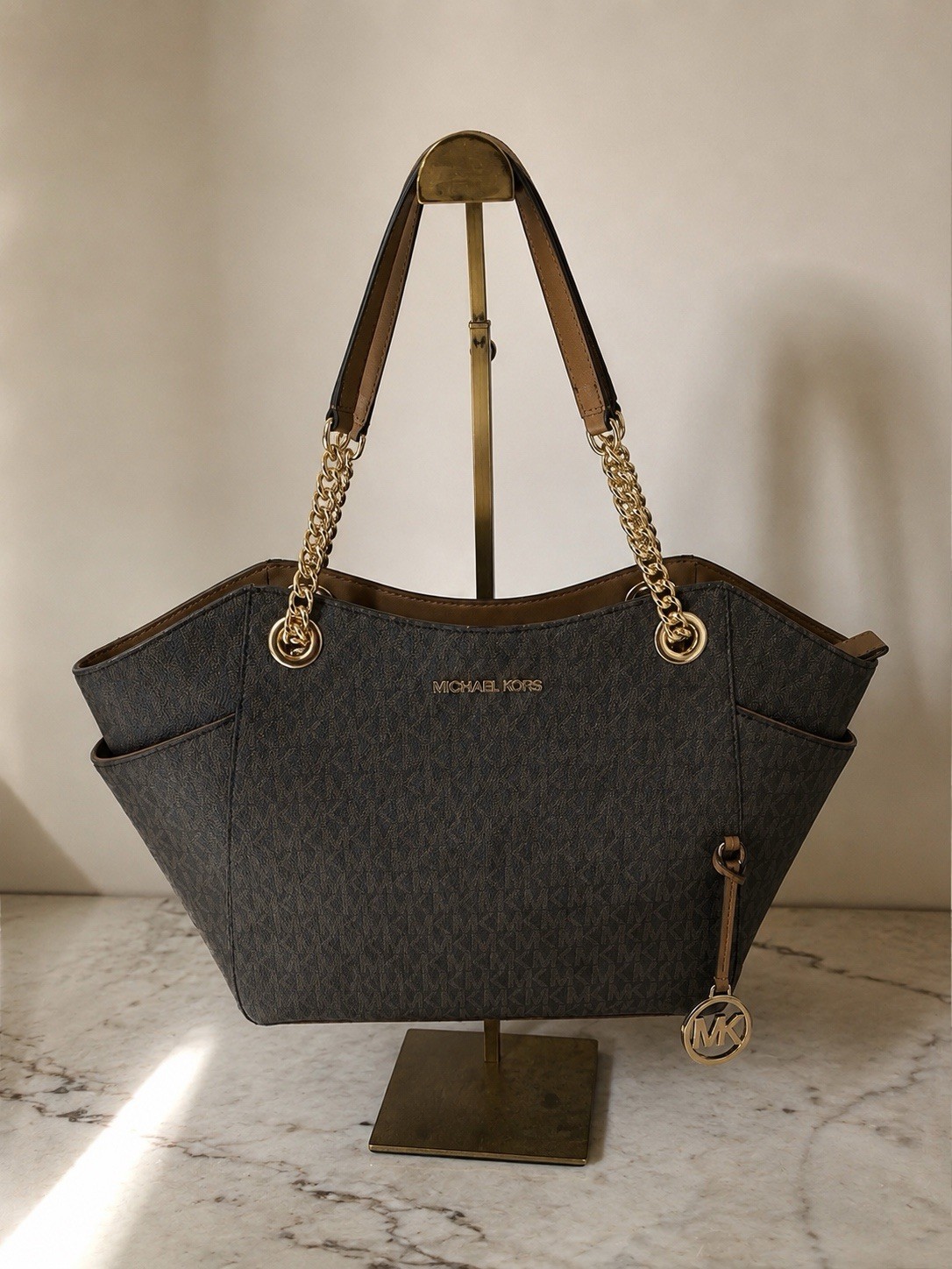 Michael Kors Jet Set Chain Tote Brown MK Signature PVC Shoulder Bag Large NWT