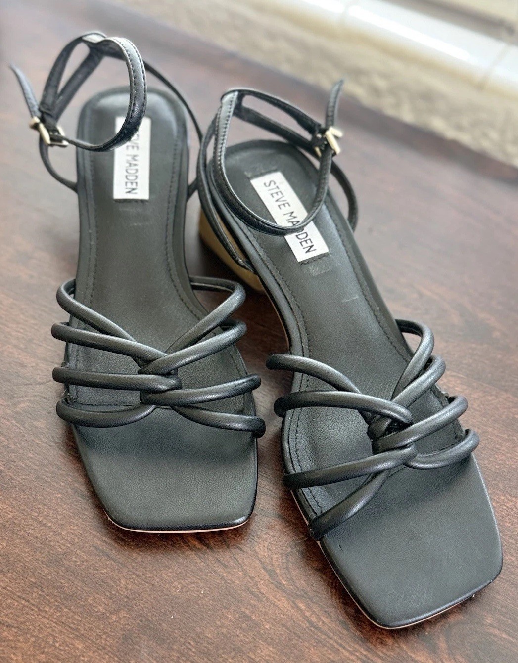 Steve Madden Women’s Black Strappy Ankle Strap Buckle Block Heel Square Toe