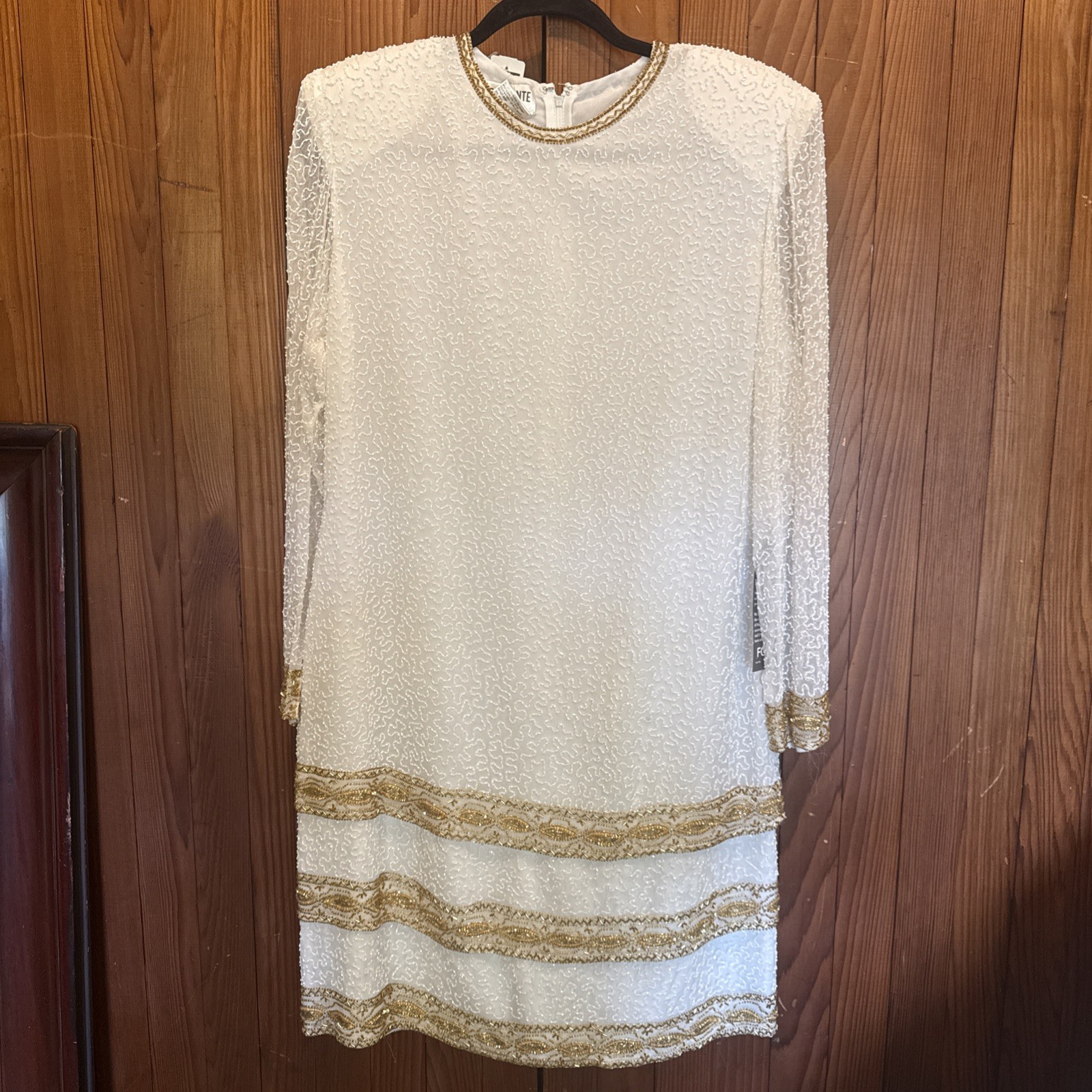 Brilliant By J.A Womens White Silk Beaded Long Sleeve Shift Dress Size XL