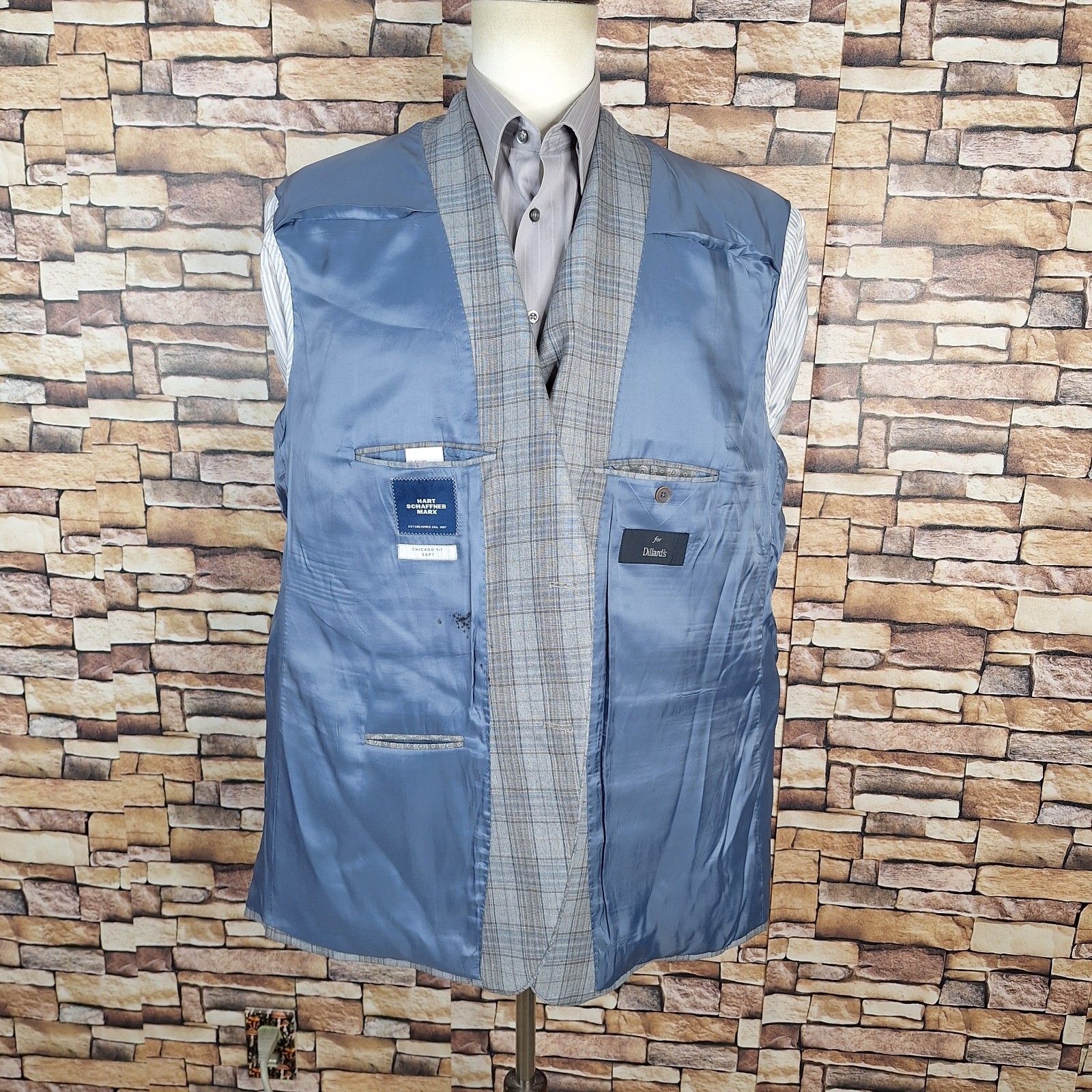 Hart Schaffner Marx Sport Coat Jacket Mens 52R Light Gray Plaid Wool Chicago VL