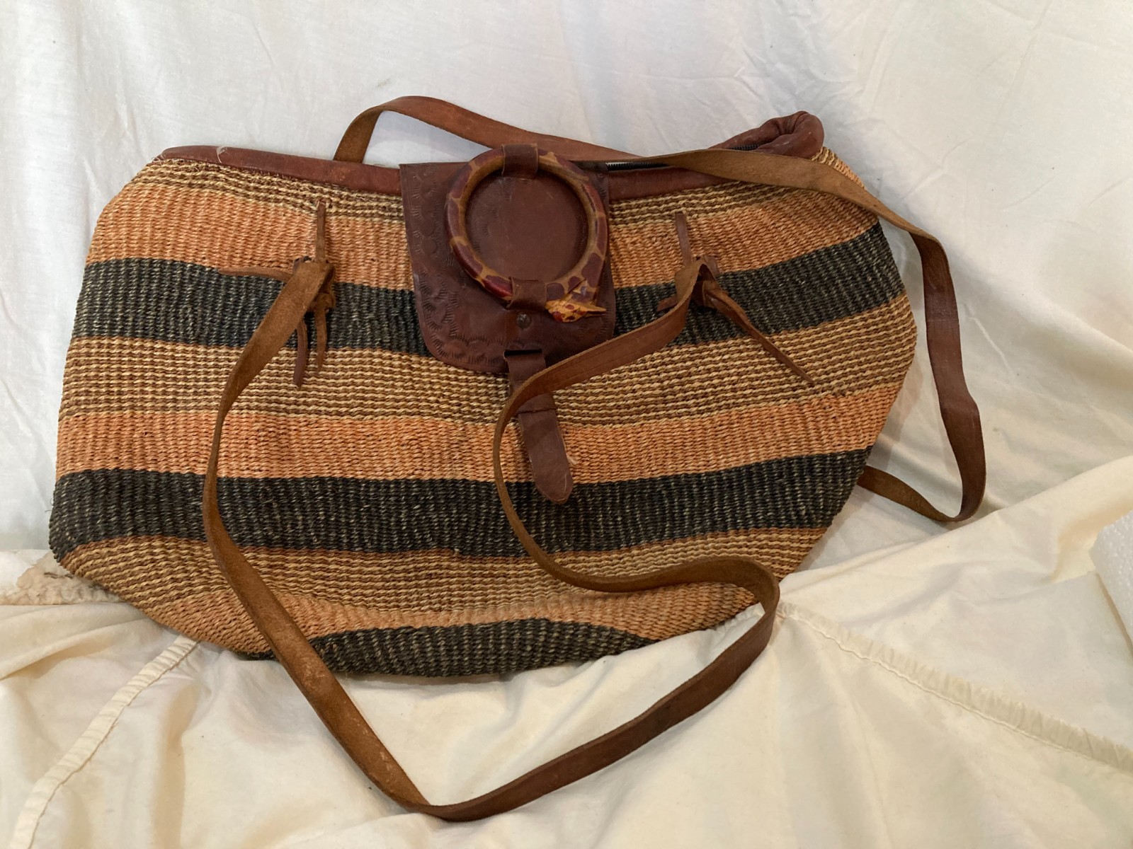 Vintage African large tote purse, tightly woven, zipper & leather slip closure