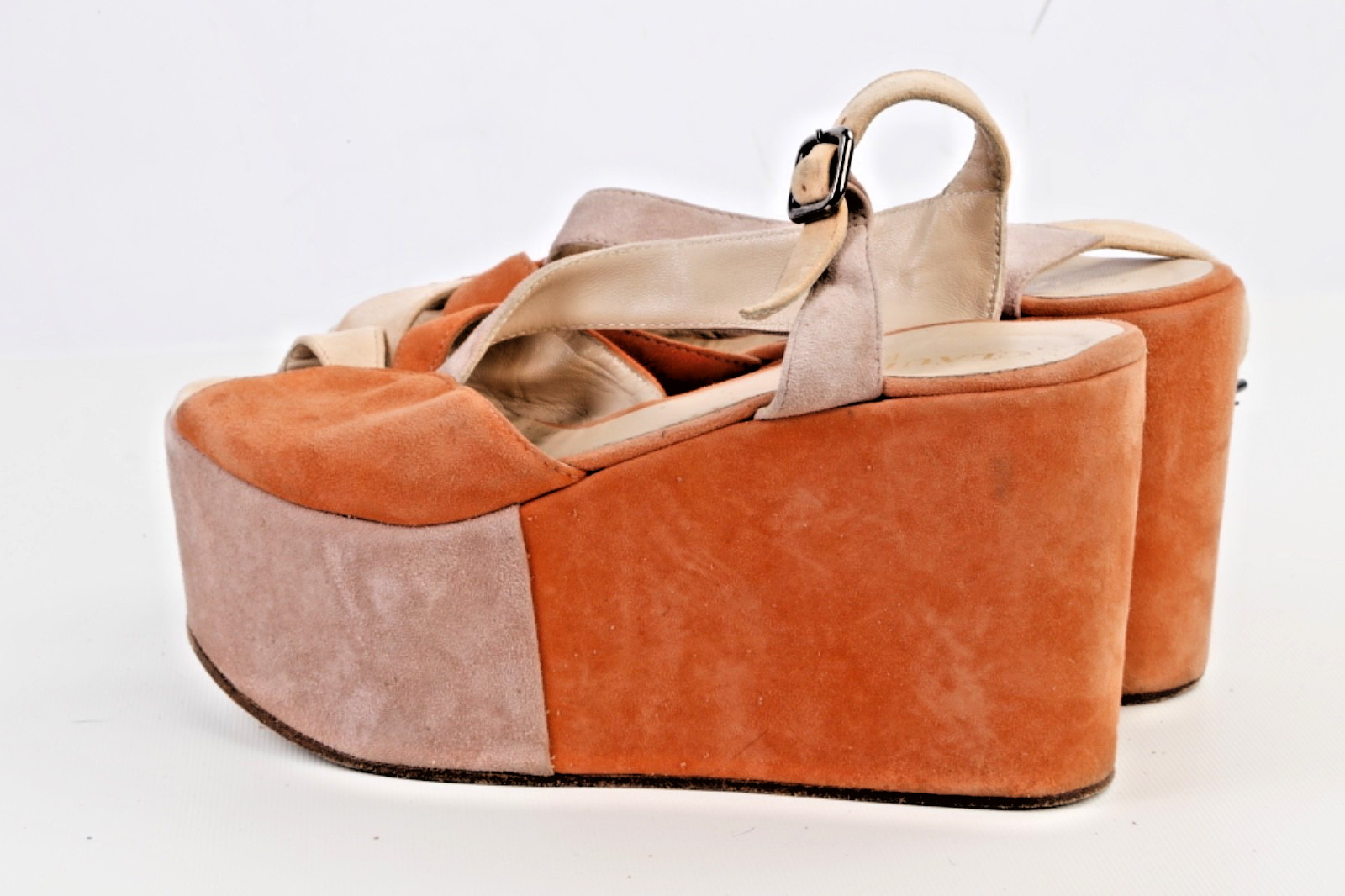 Claudia Ciuti Italian Suede Platform Wedge Sandals Tan Orange Colorblock Size 7M