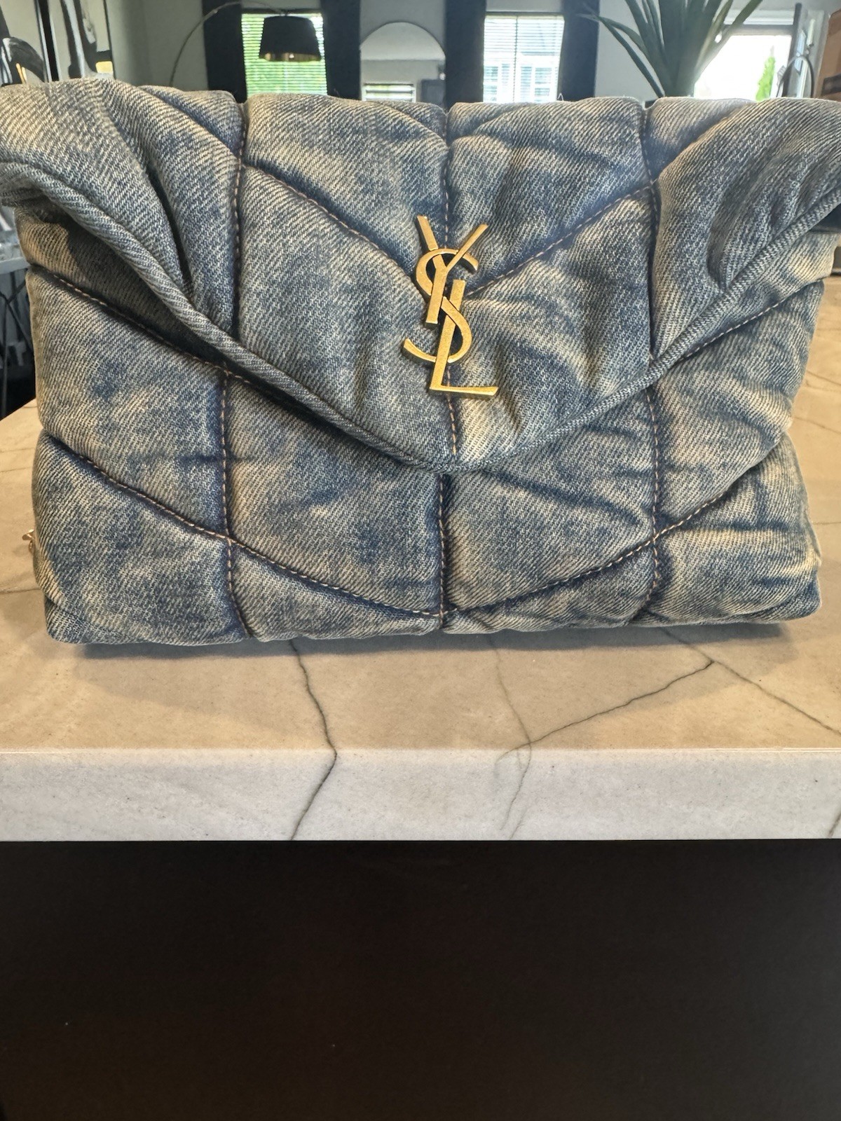 Saint Laurent Denim Quilted Toy Loulou Puffer Monogram Chain Satchel Blue Black